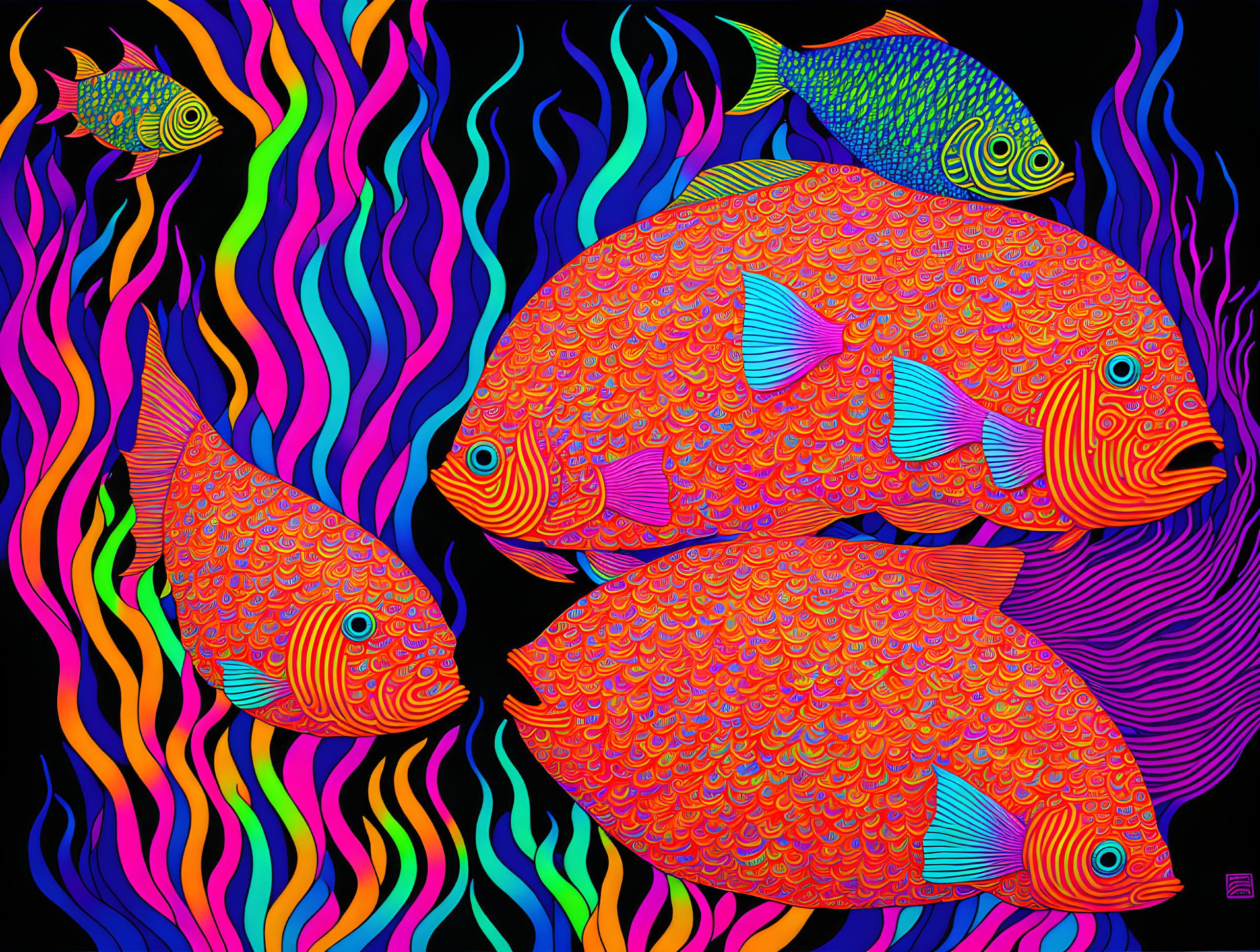 Vibrant psychedelic fish art in neon colors