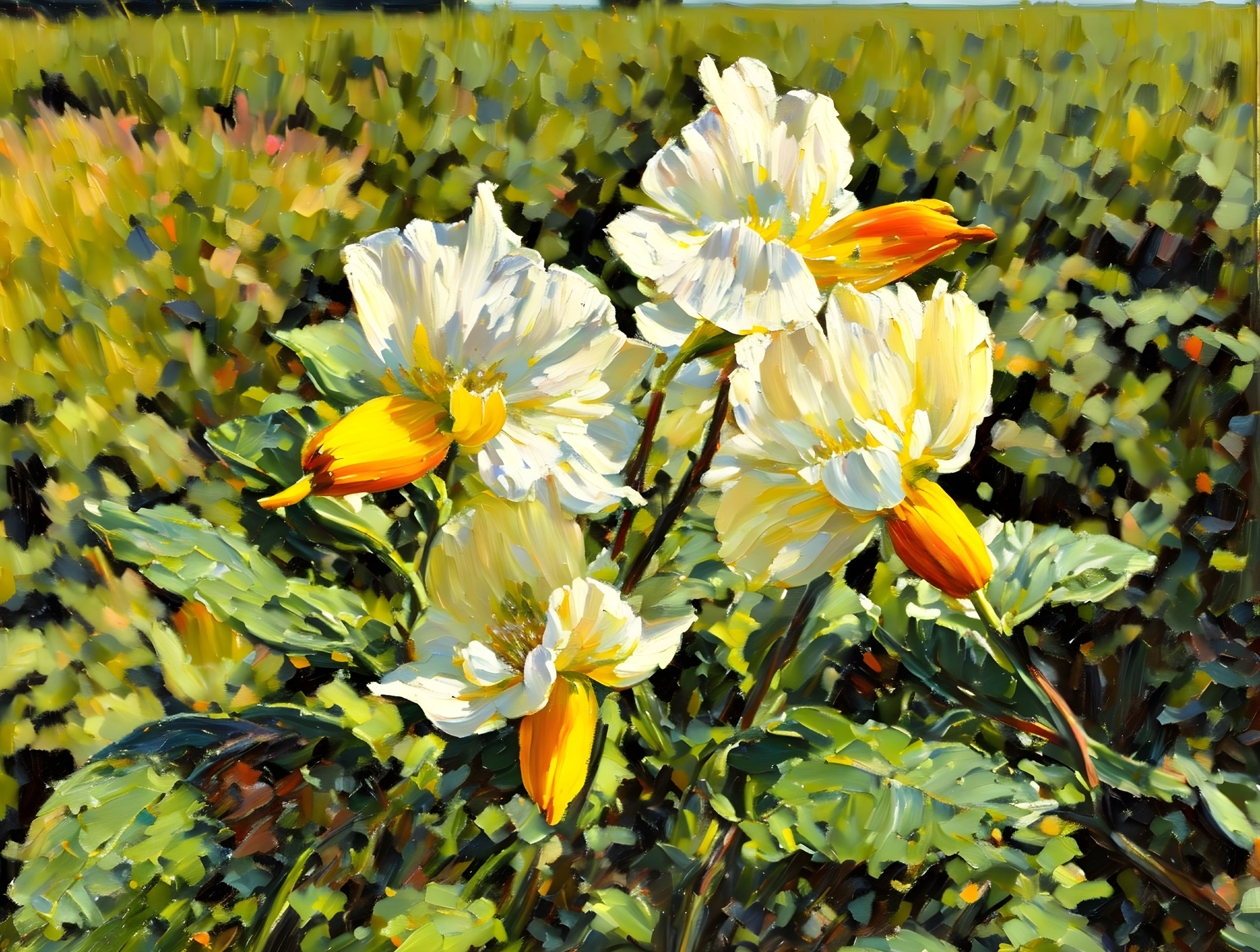 Vibrant yellow and white flowers in impressionist style