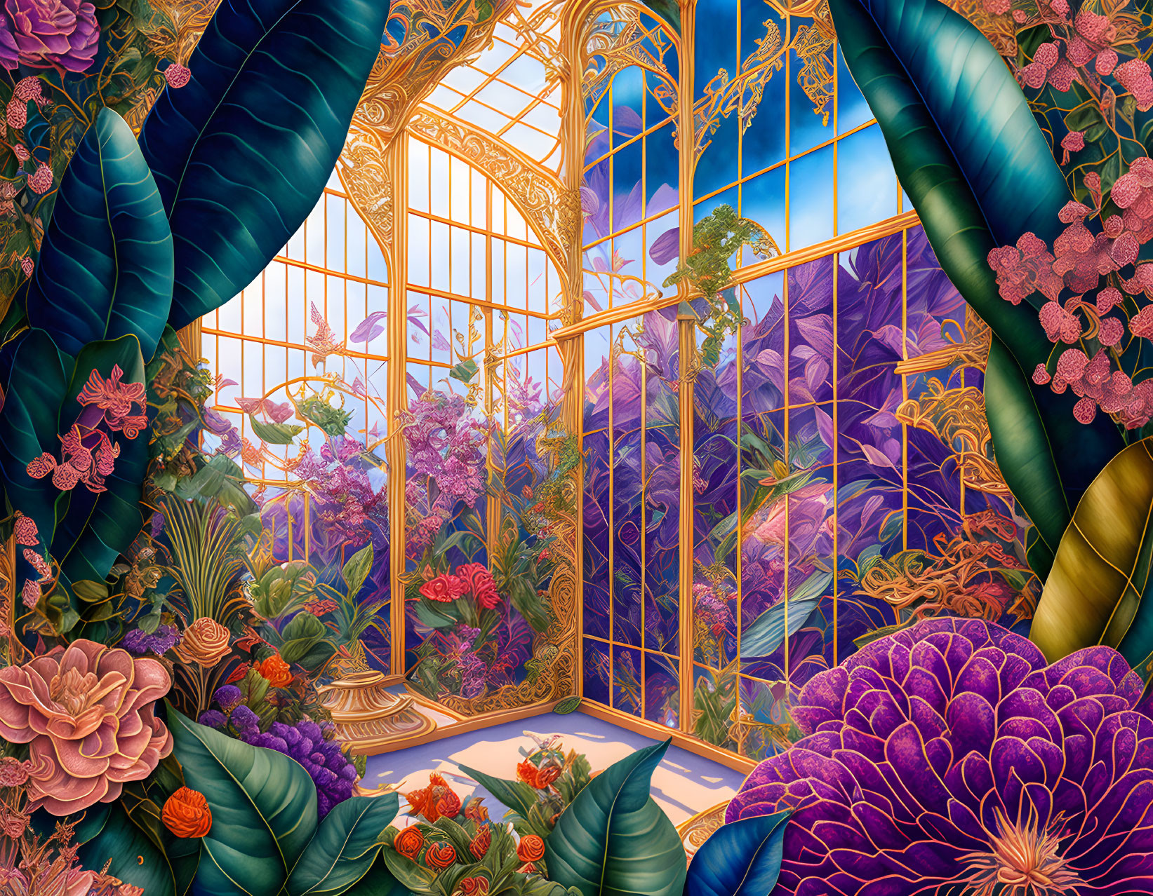 Golden conservatory filled with vibrant flowers and lush foliage under a clear sky