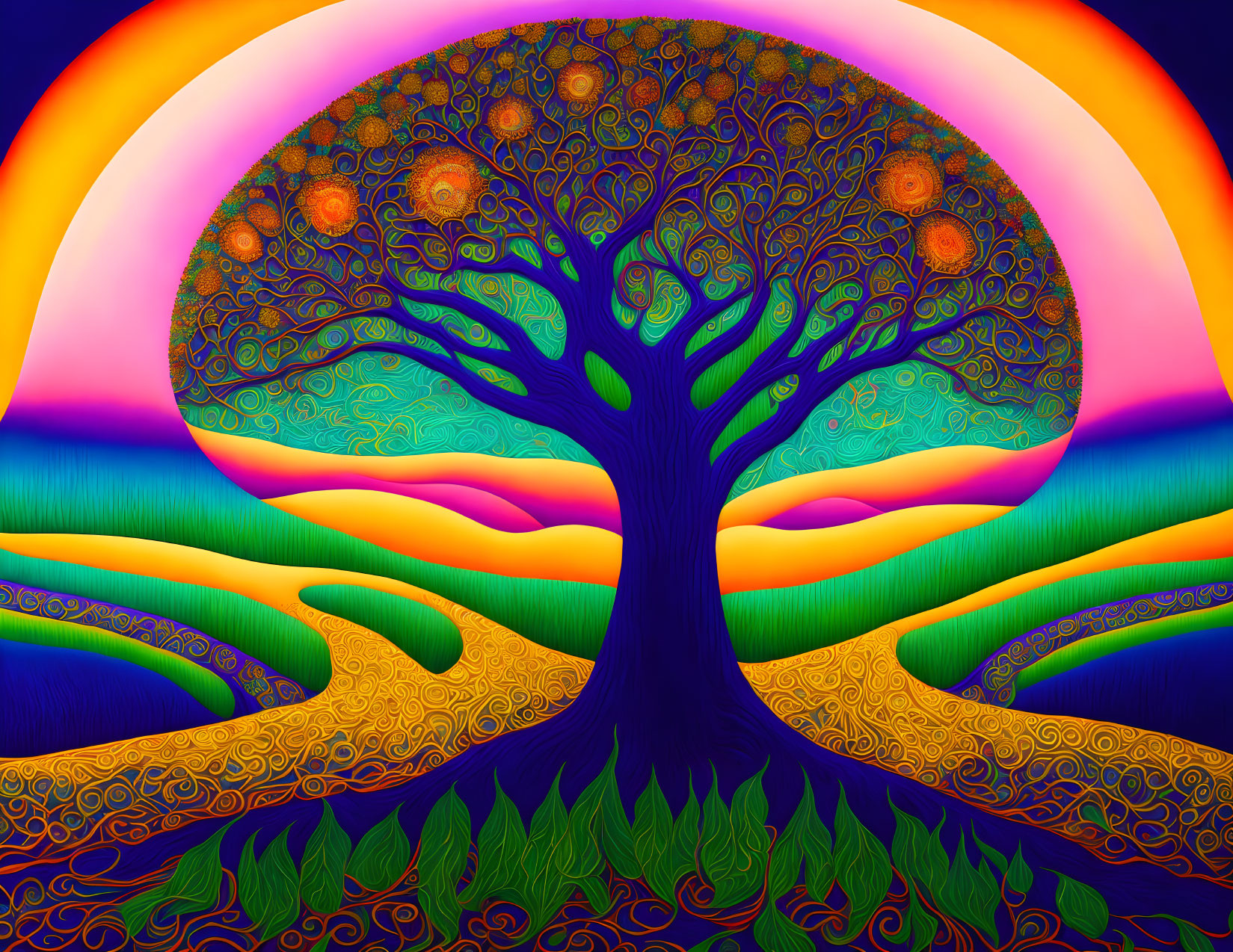 Colorful Psychedelic Tree Illustration on Multicolored Background