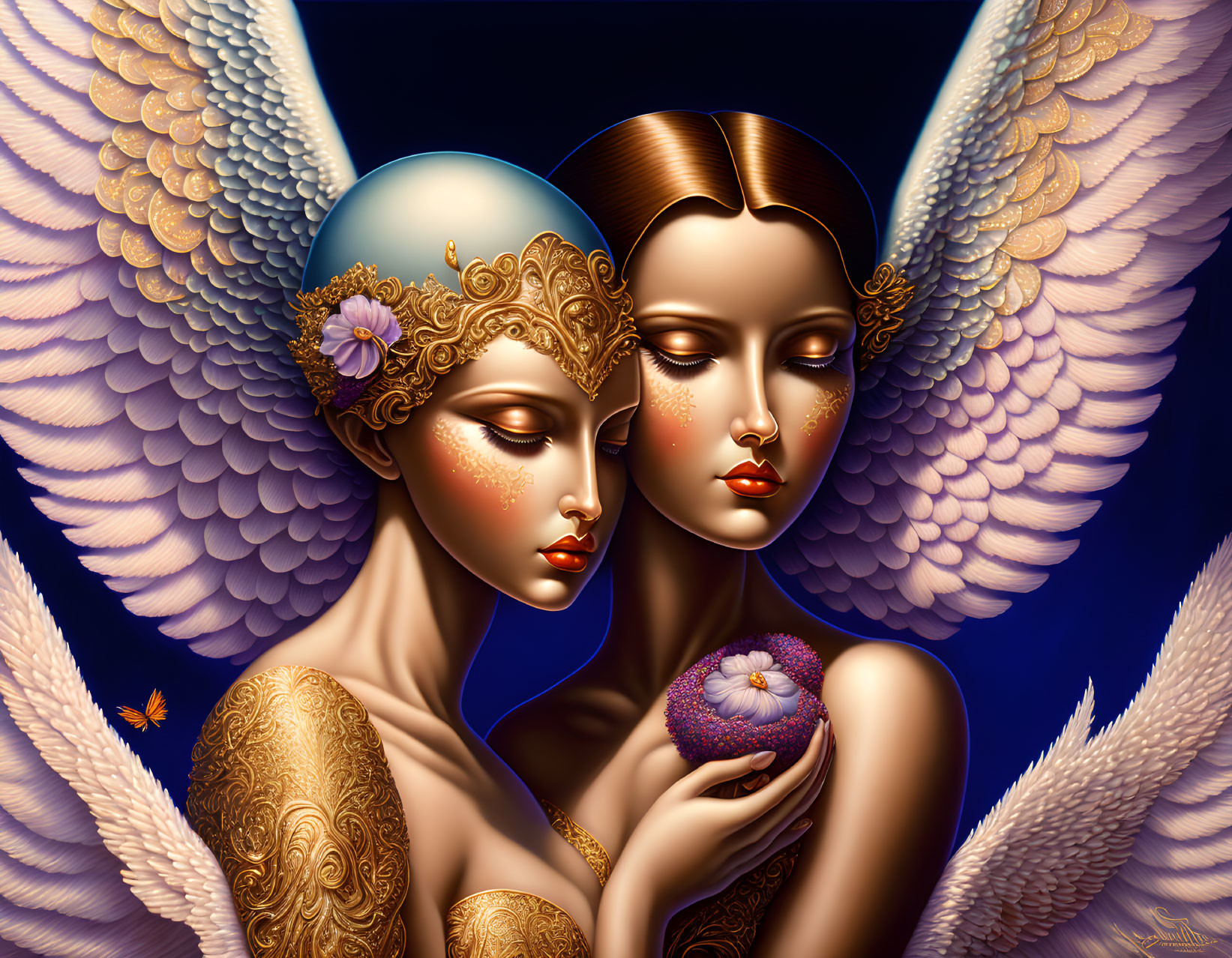 Stylized angelic figures in elaborate golden attire with white wings sharing a delicate flower