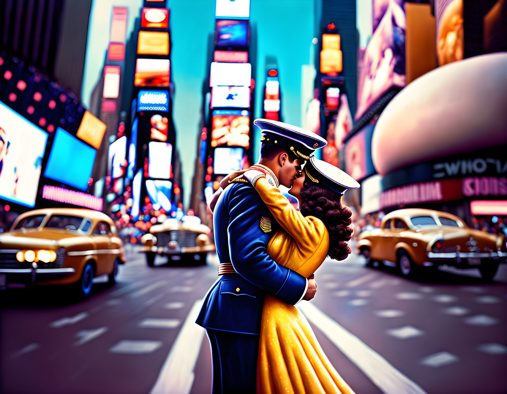 Couple kissing in Times Square amid vibrant city lights