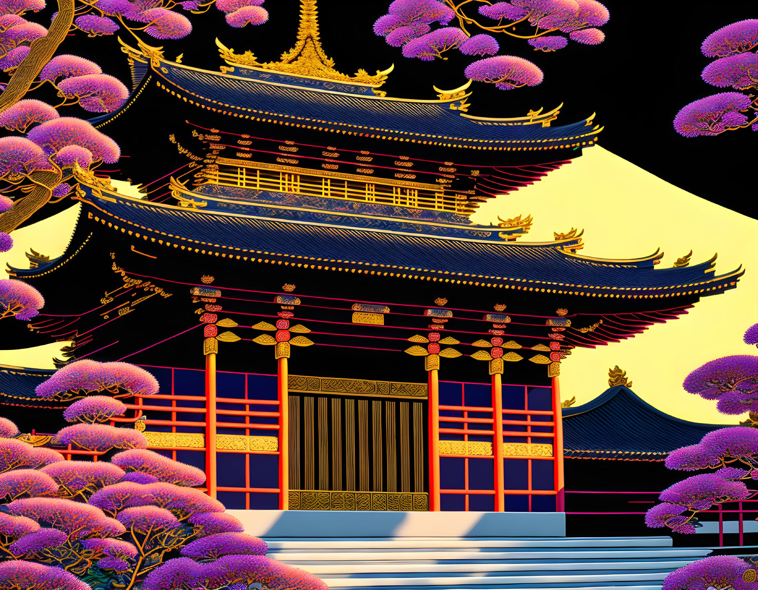 Traditional Asian Temple with Golden Accents and Purple Foliage at Night