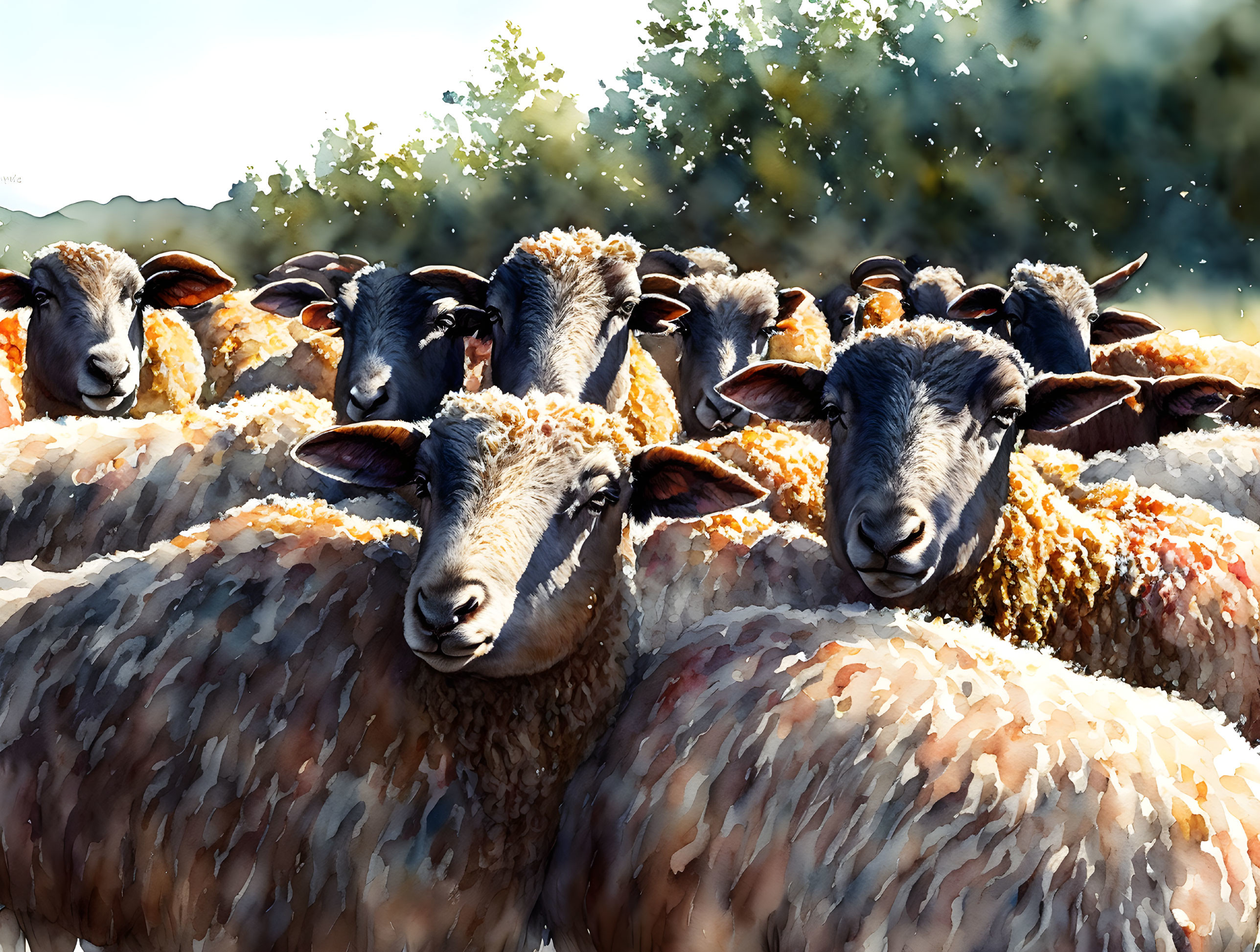 Sheep with thick woolly coats in sunny outdoor setting