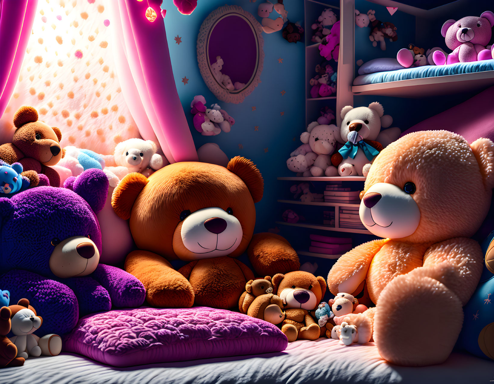 Variety of Plush Teddy Bears in Cozy Room