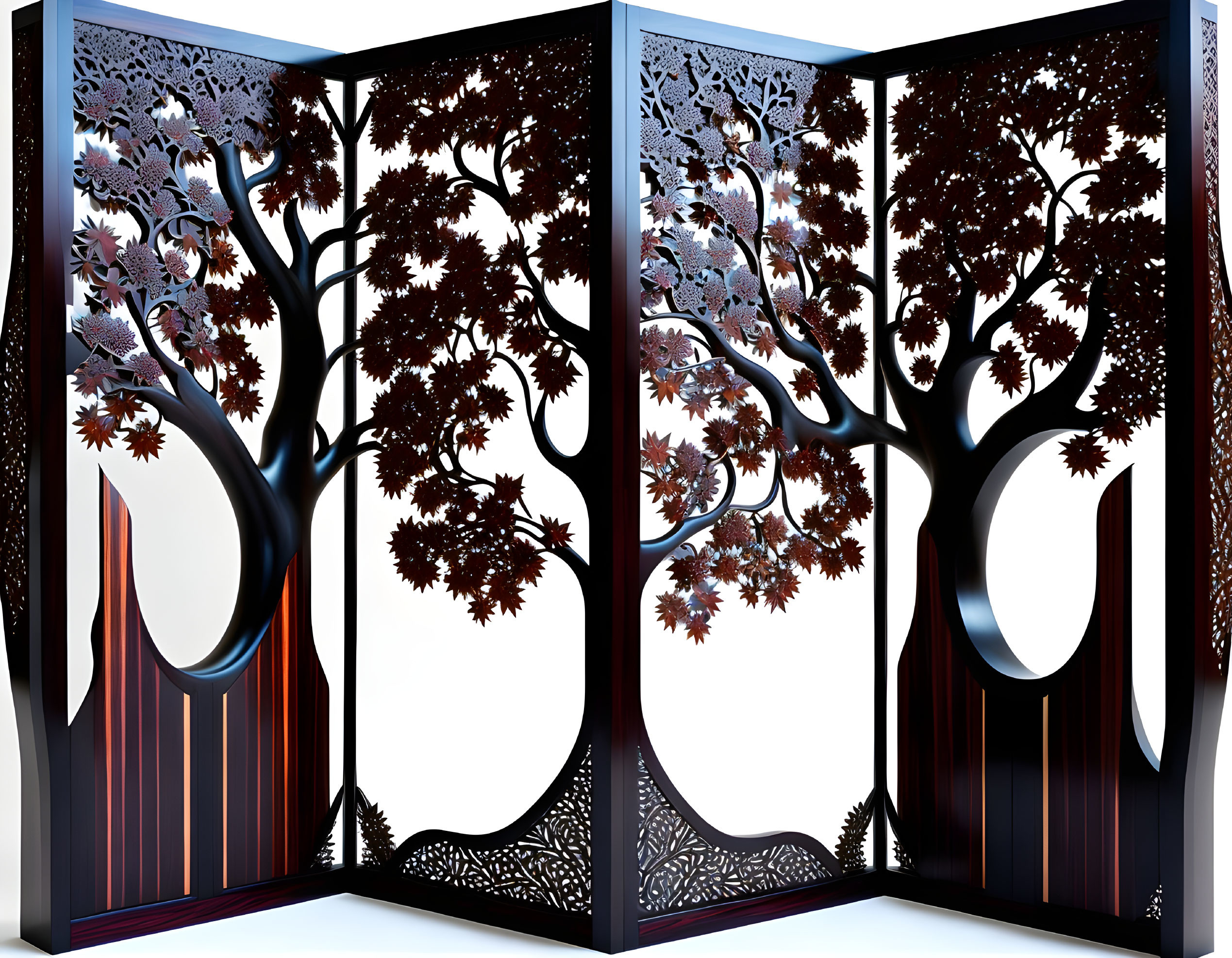 Intricate Tree Design Metal Room Divider on White Background