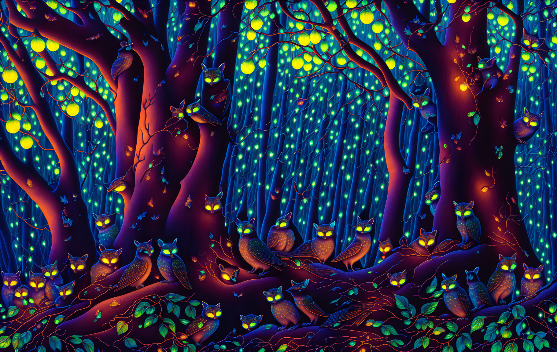 Neon-lit forest at night with stylized trees and glowing owls