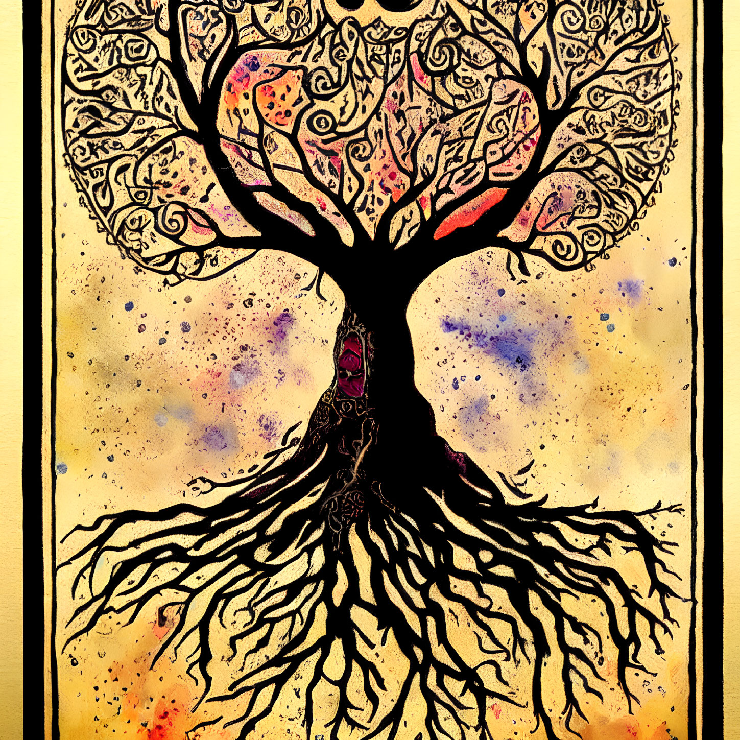 Intricate tree design on yellow and purple background