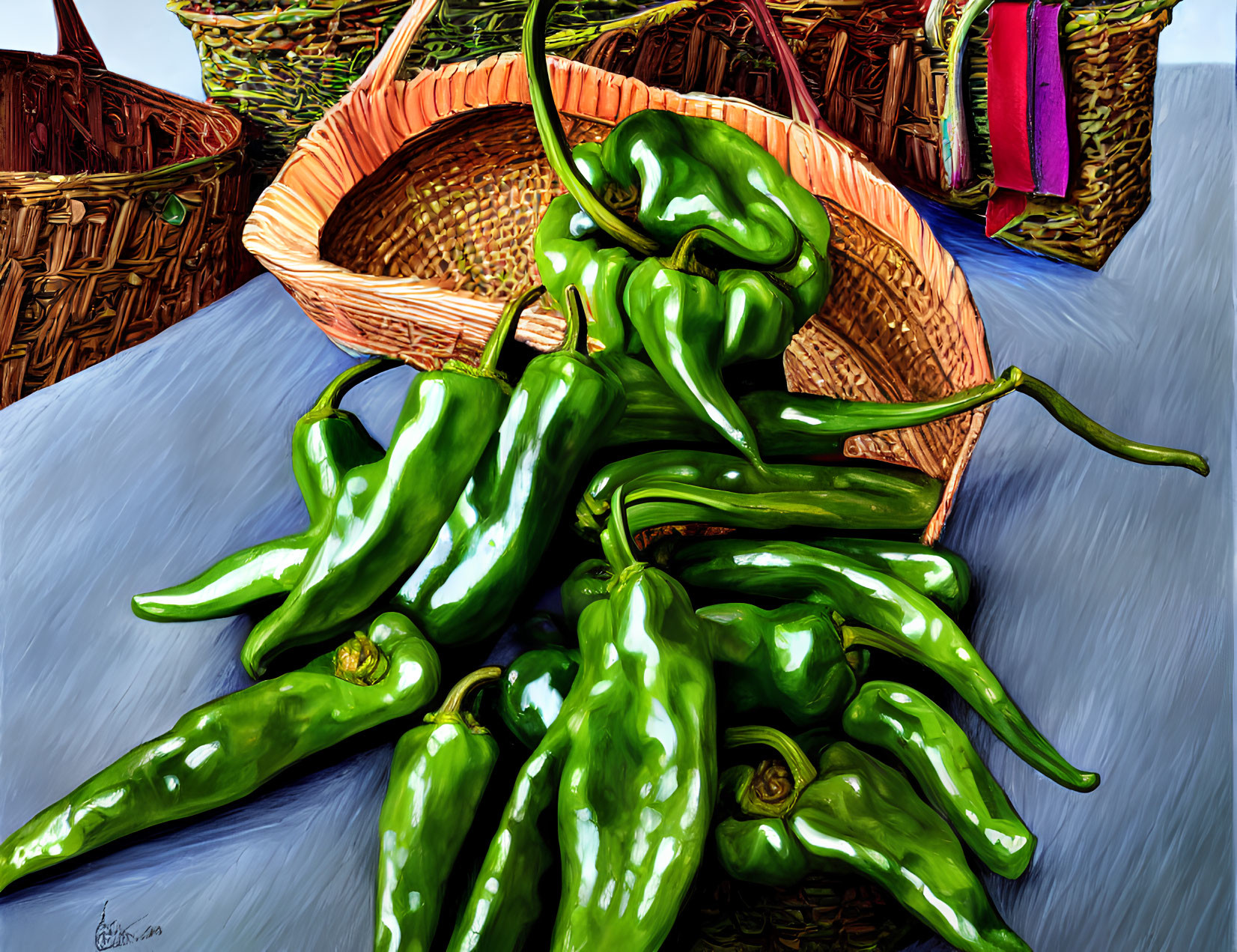 Colorful Painting of Green Chili Peppers in Woven Baskets