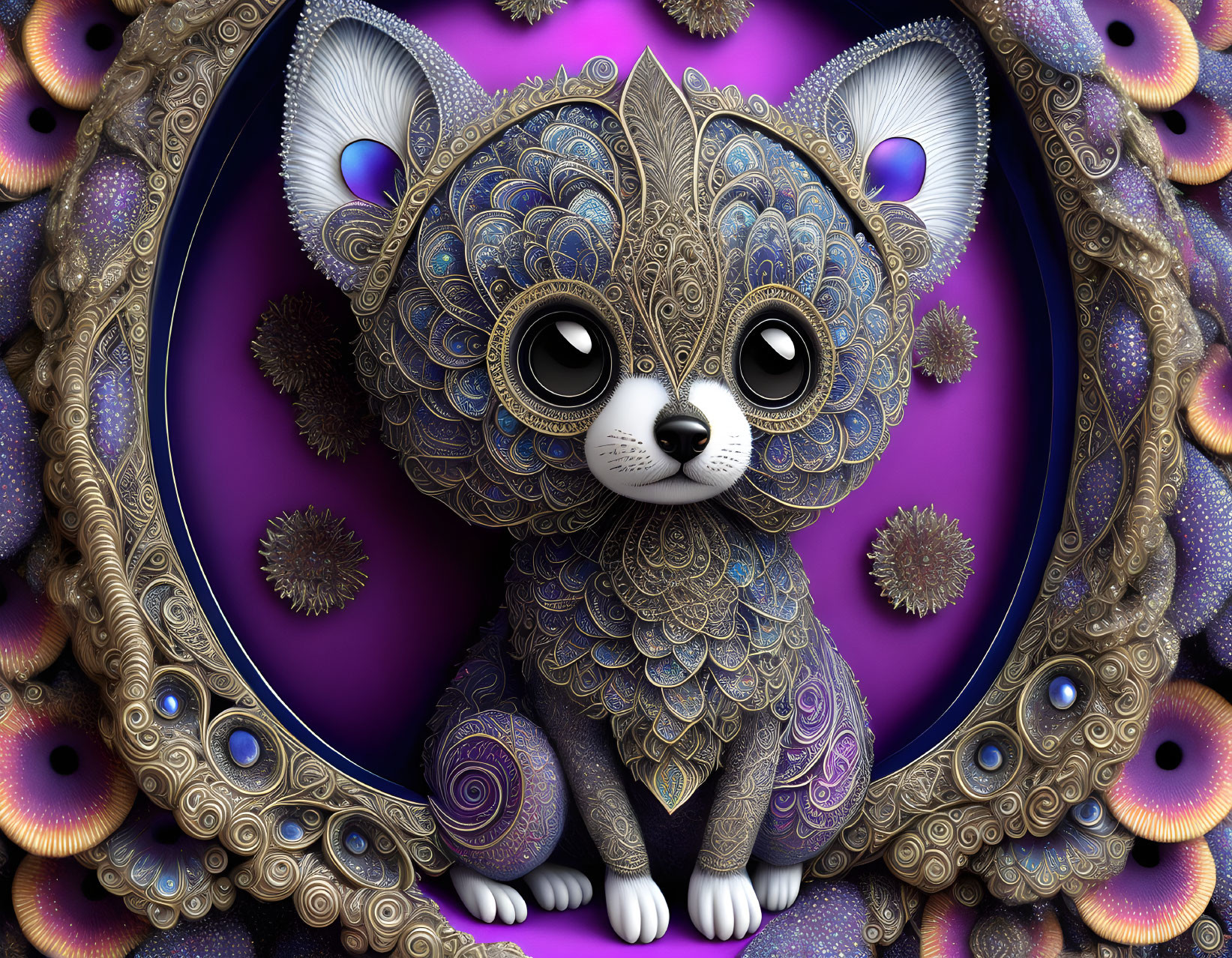 Stylized digital artwork of intricate cat-like animal on purple background