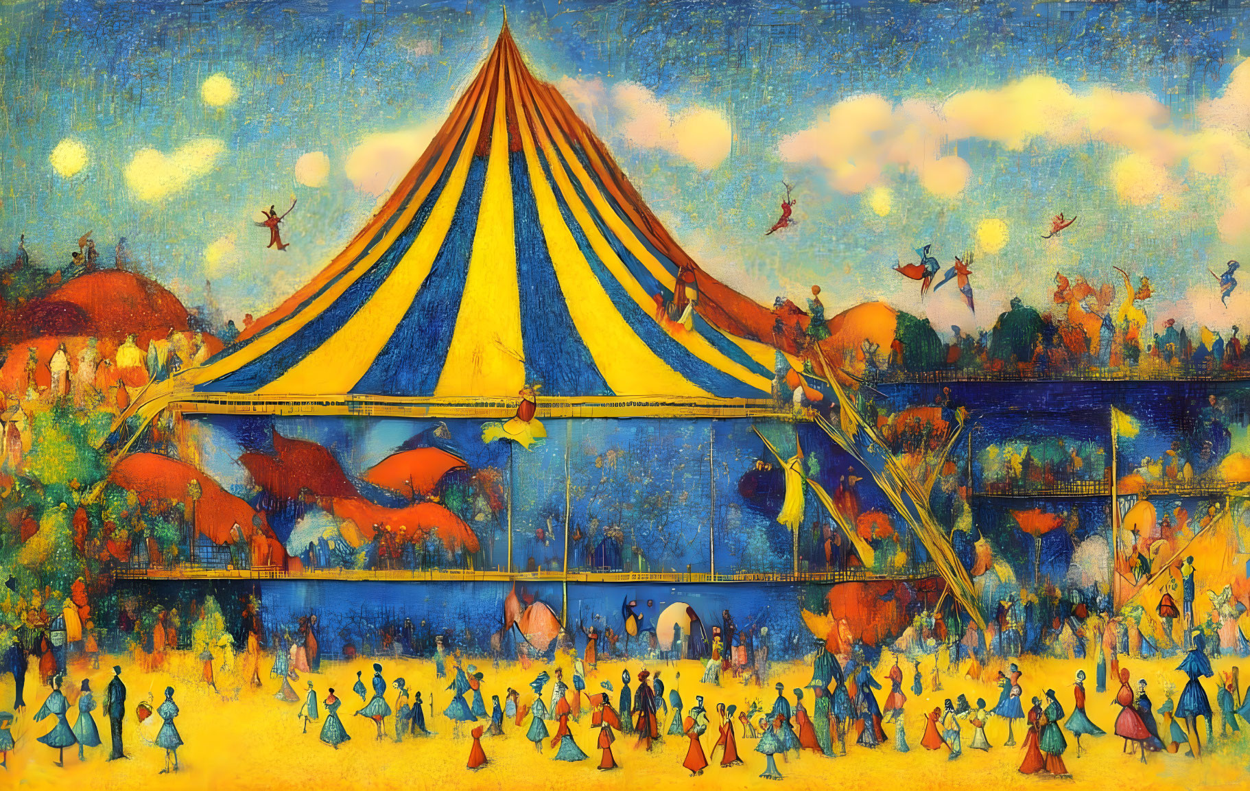 Colorful Circus Scene with Blue and Yellow Tent