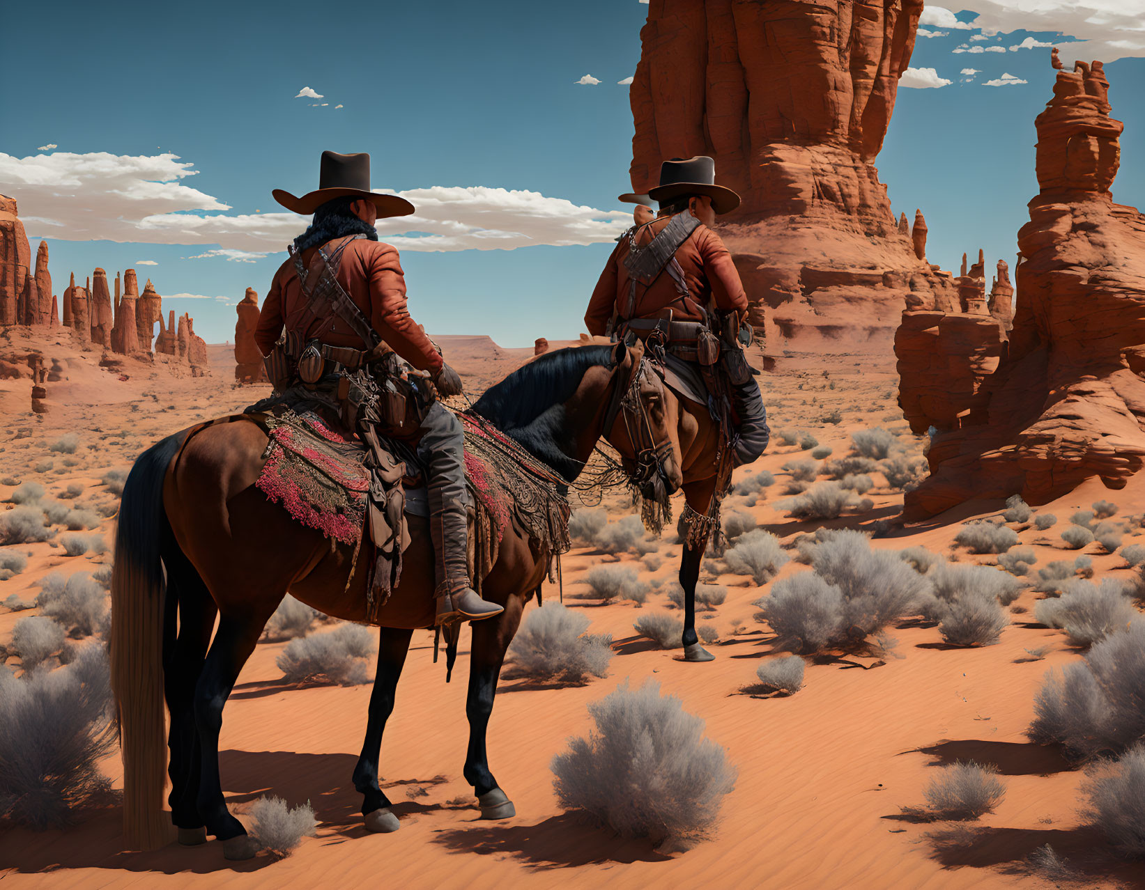 Cowboys on horses in desert with red rock formations under blue sky