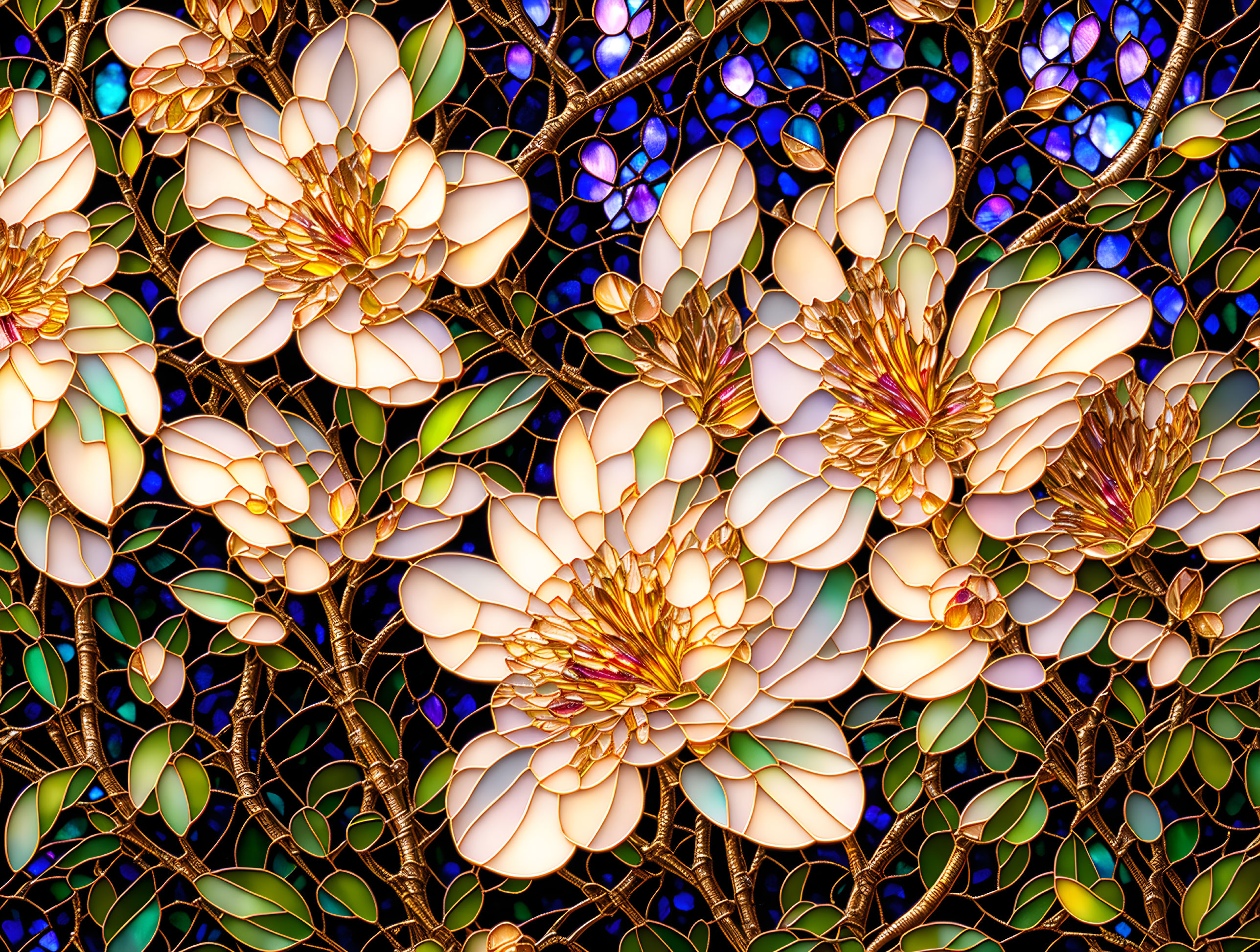 Colorful Stained Glass Artwork of Cream Flowers on Blue Background