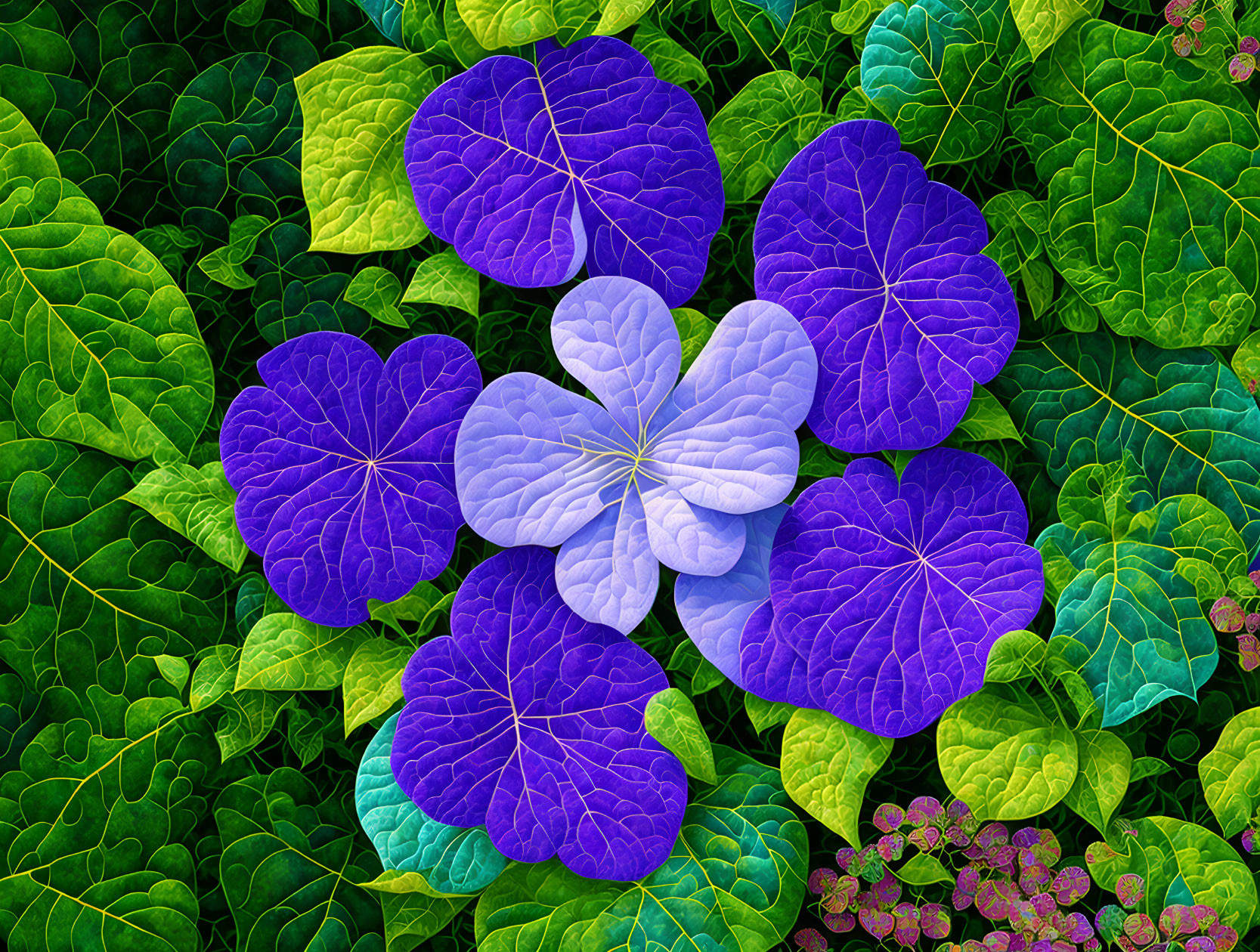 Colorful display of green and blue leaves with purple-veined heart-shaped leaves and delicate flowers