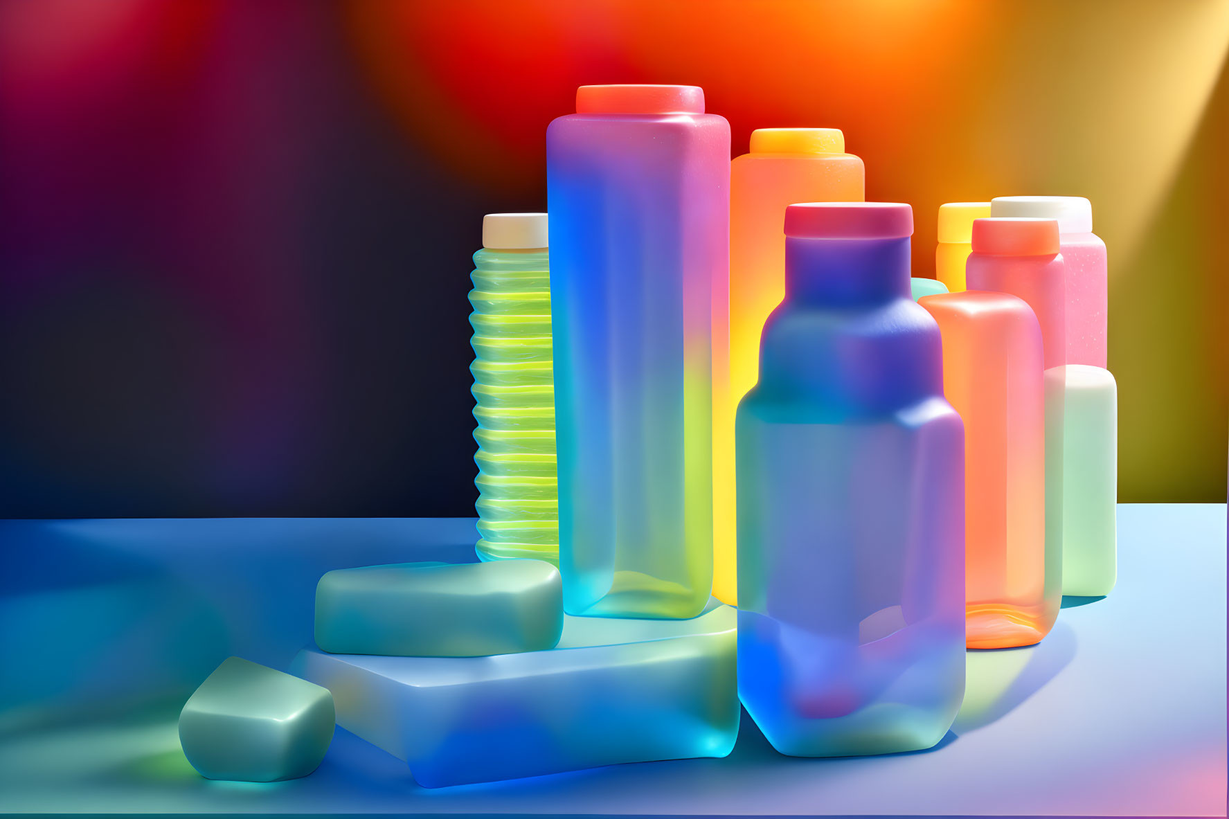 Translucent colorful bottles against glowing backdrop with gradient lighting