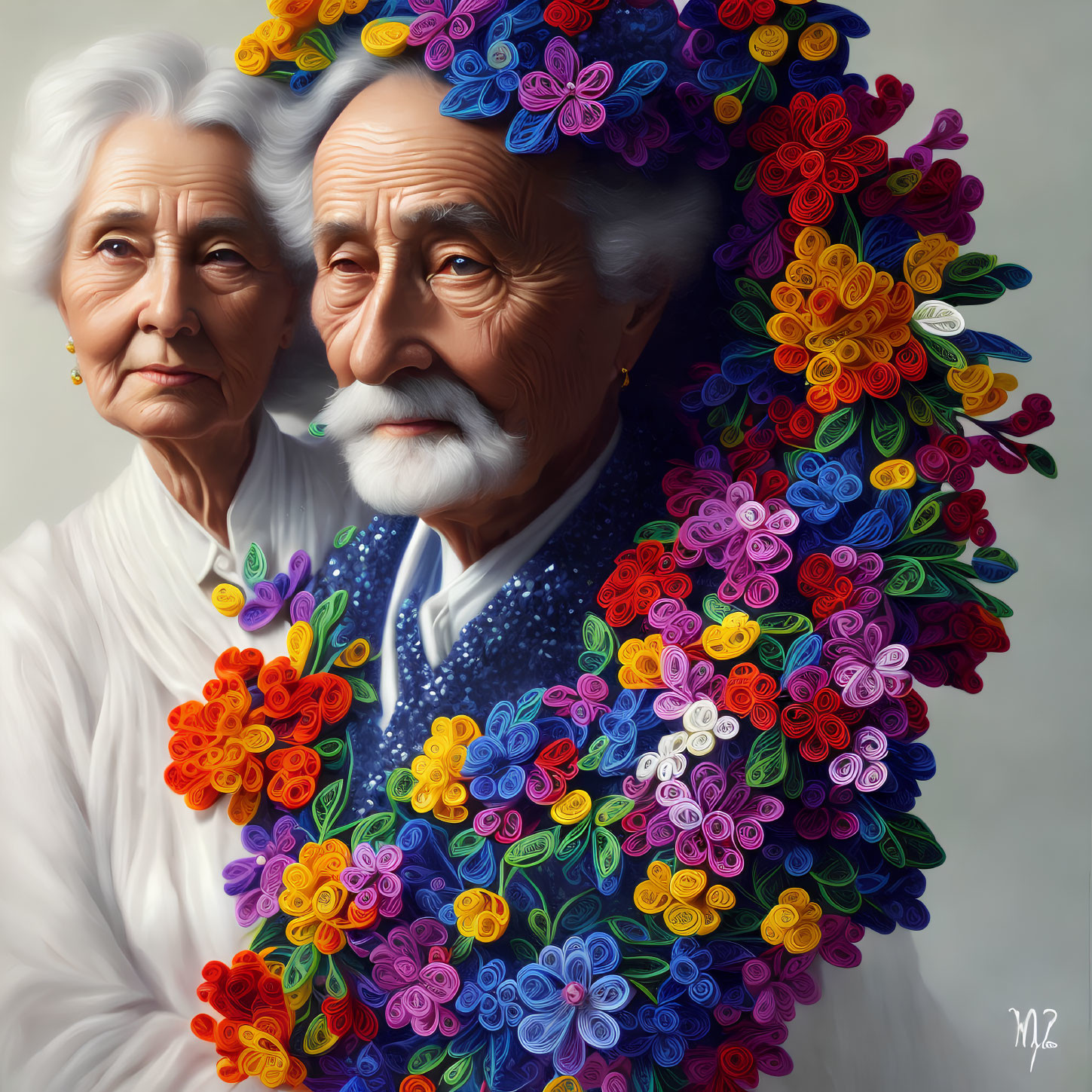 Elderly Couple with Vibrant Floral Beard & Woman in White Portrait