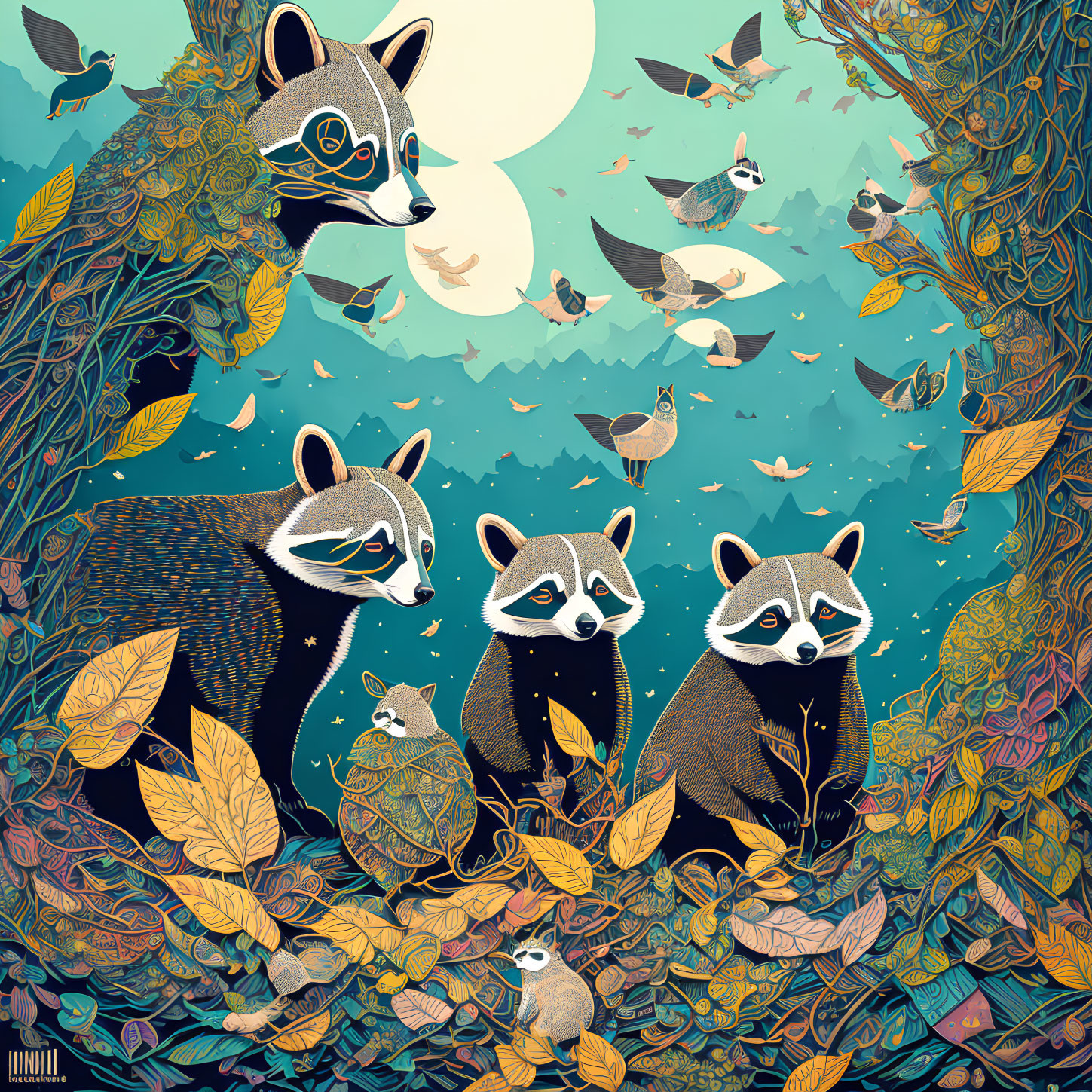 Five raccoons in vibrant forest with birds under moon