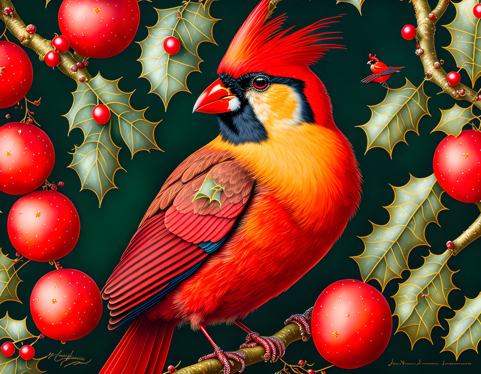 Colorful Red Cardinal Perched on Branch with Holly Leaves