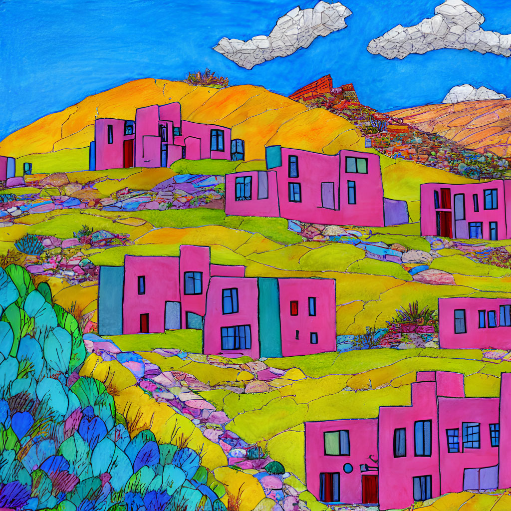 Colorful painting of whimsical pink houses on patchwork hills under blue sky