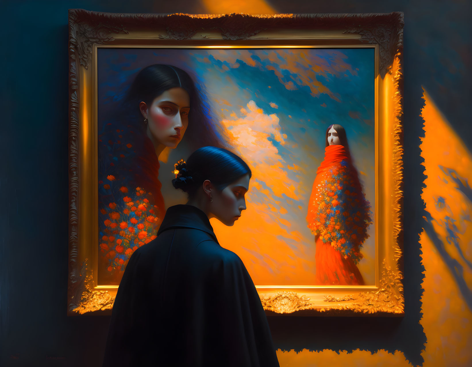 Surreal painting of woman's reflection merging with orange-clouded sky