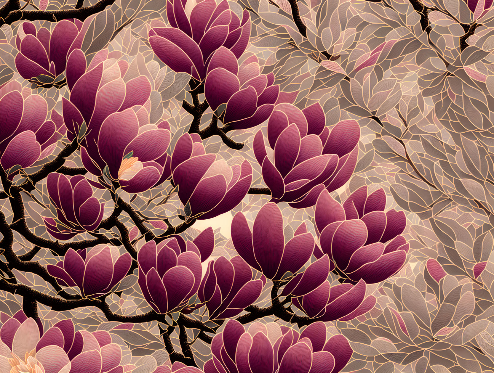 Pinkish-Purple Magnolia Flowers in Digital Illustration