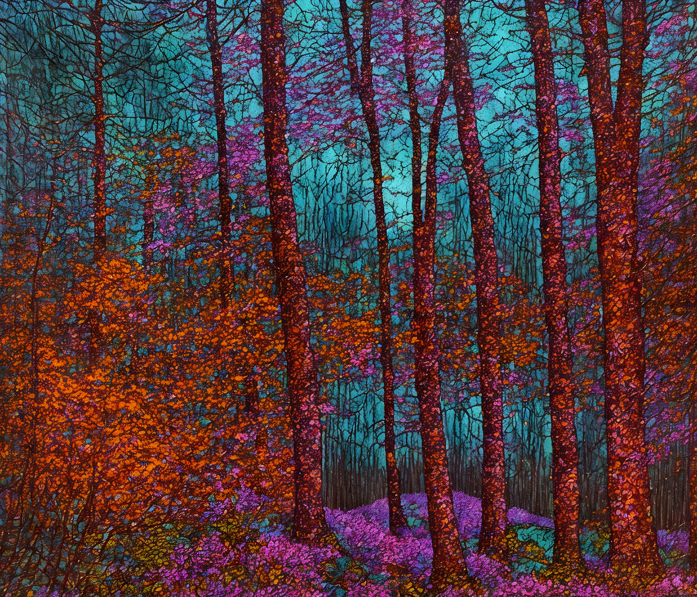 Colorful Autumn Forest Landscape with Bare Trees and Purple Flowers