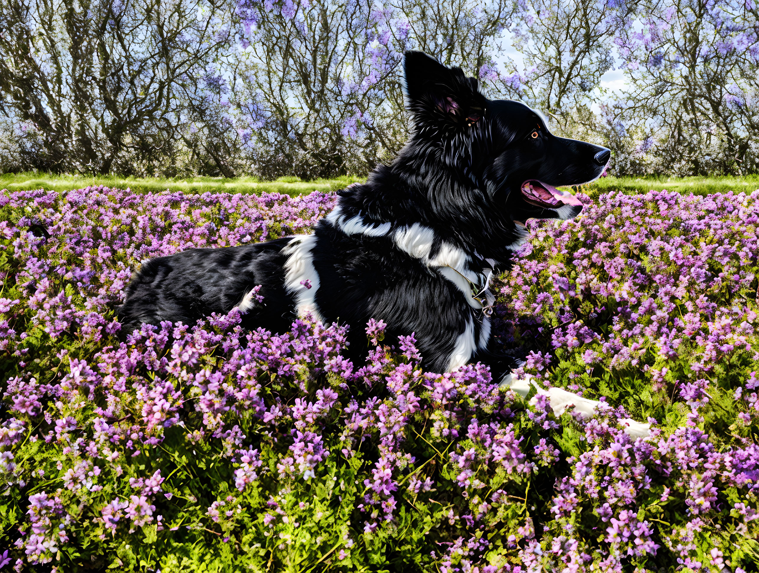 Black and white dog in purple flower field with trees and blue sky