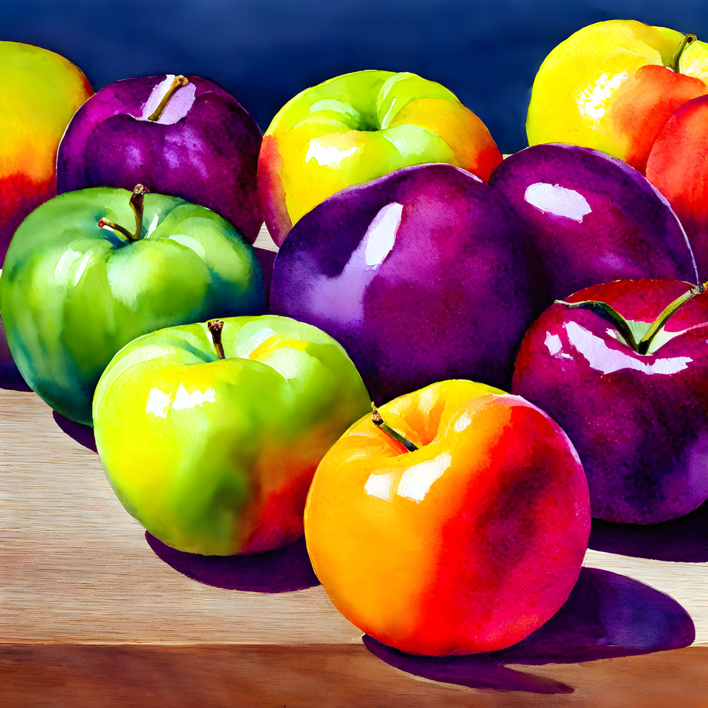 Colorful apples and plums painting on wooden surface with brushstrokes against dark backdrop