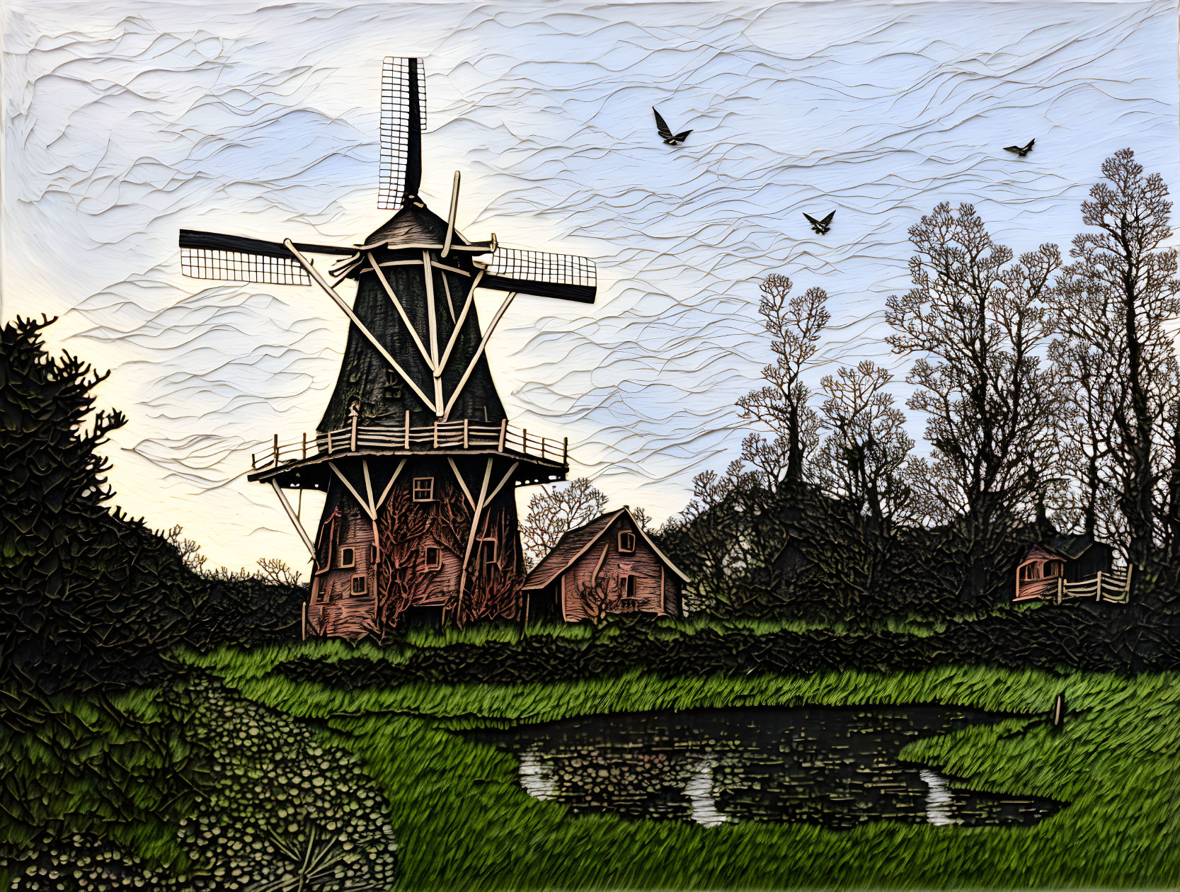 Classic windmill by reflective pond with flying birds, trees, and textured sky