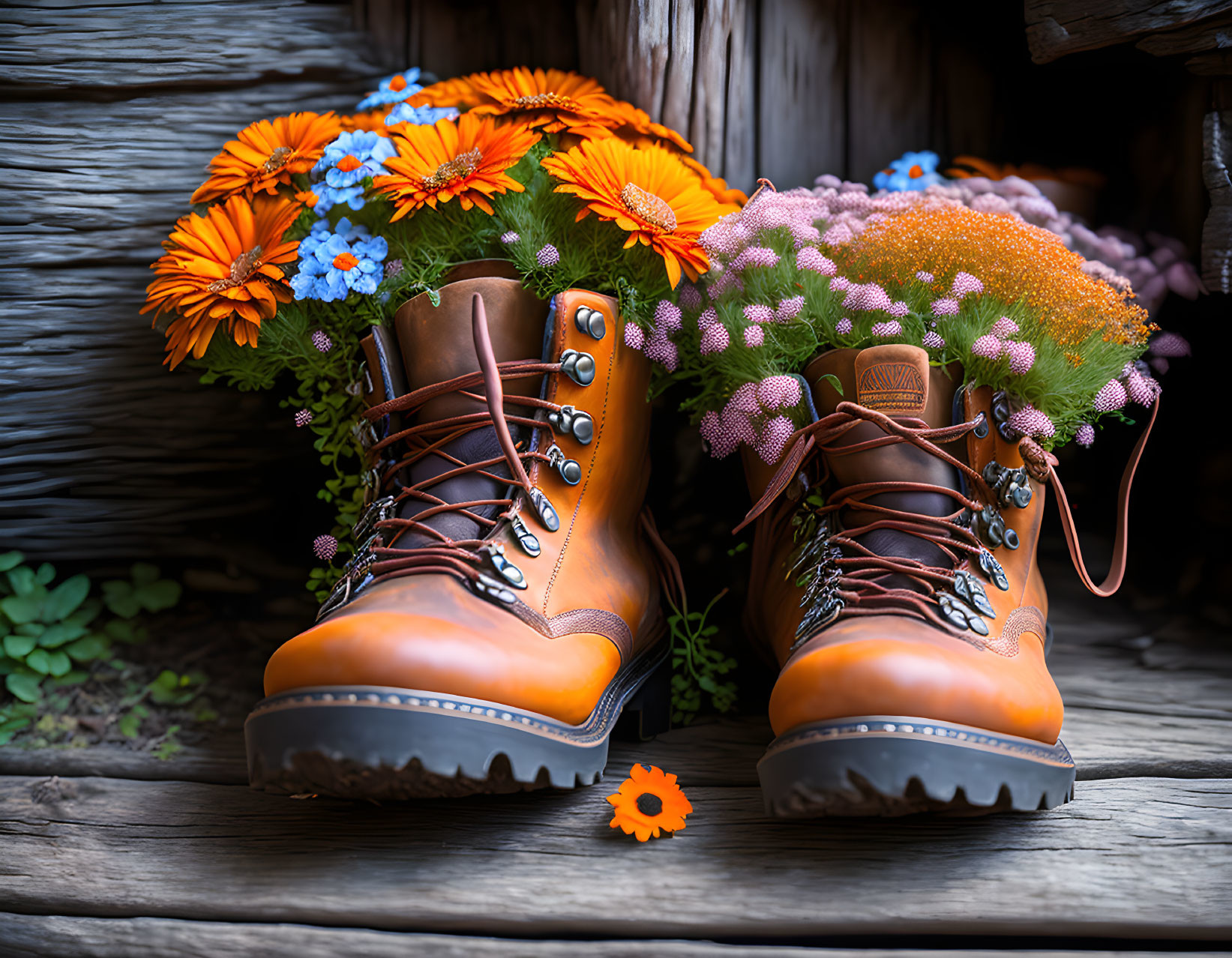 Brown Hiking Boots Filled with Flowers on Wooden Steps