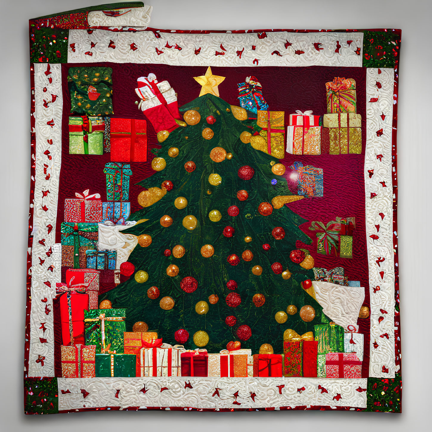 Festive Christmas quilt with green tree, golden baubles, wrapped gifts, and holiday motifs