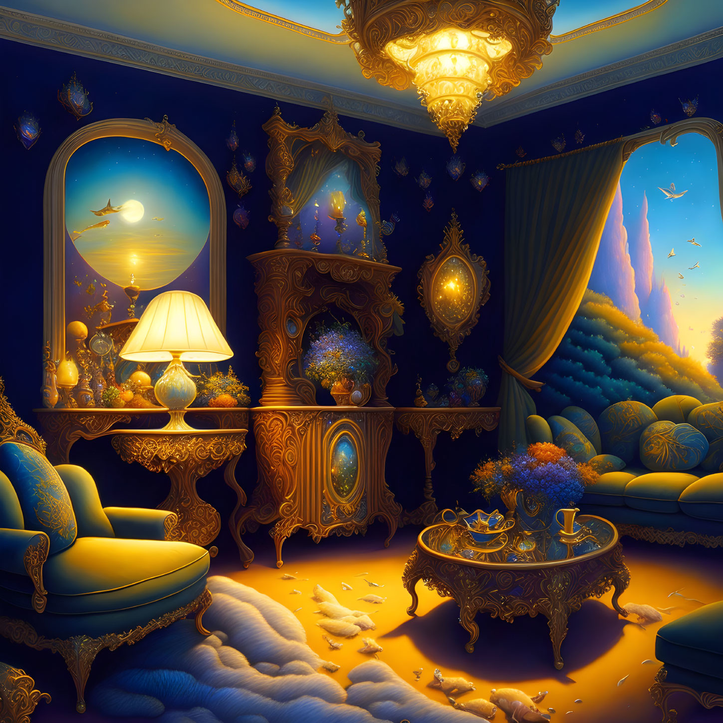 Luxurious Room with Golden Furniture, Blue Walls, Plush Seating, Grand Mirror, Chandelier