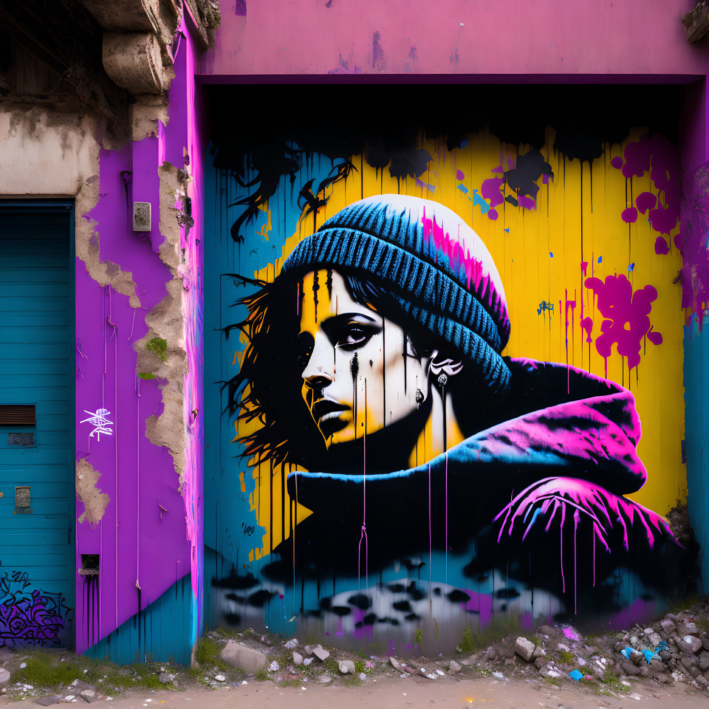 Colorful street art featuring person with beanie on urban building shutter