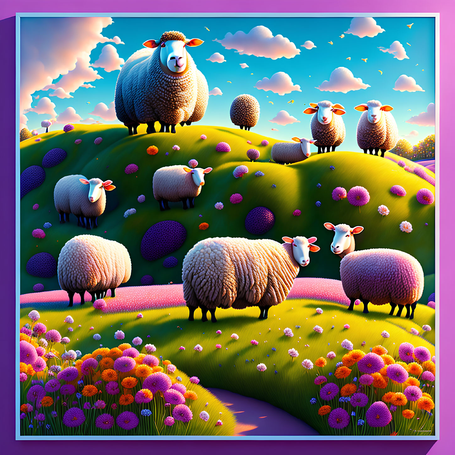 Colorful Sheep Illustration on Rolling Hillside with Flowers and Sky