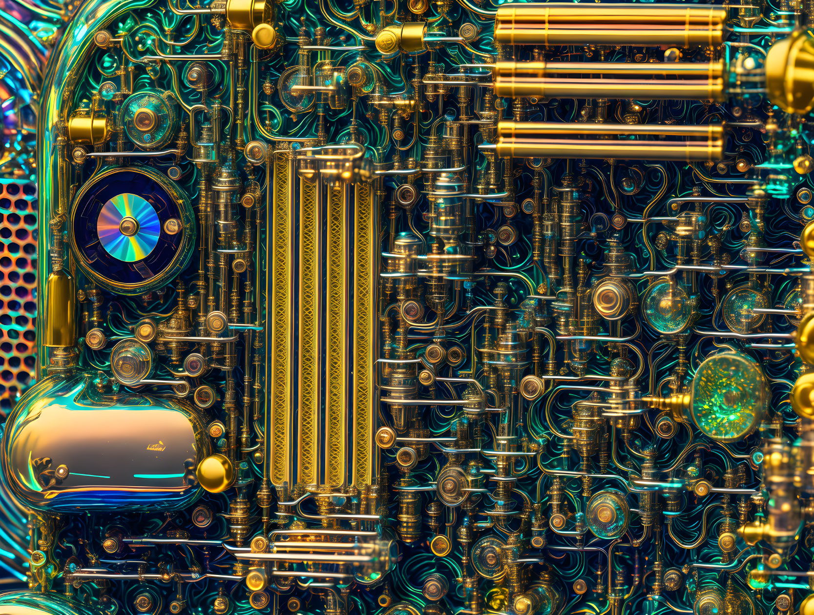 Detailed Futuristic Circuit Board with Golden and Silver Components