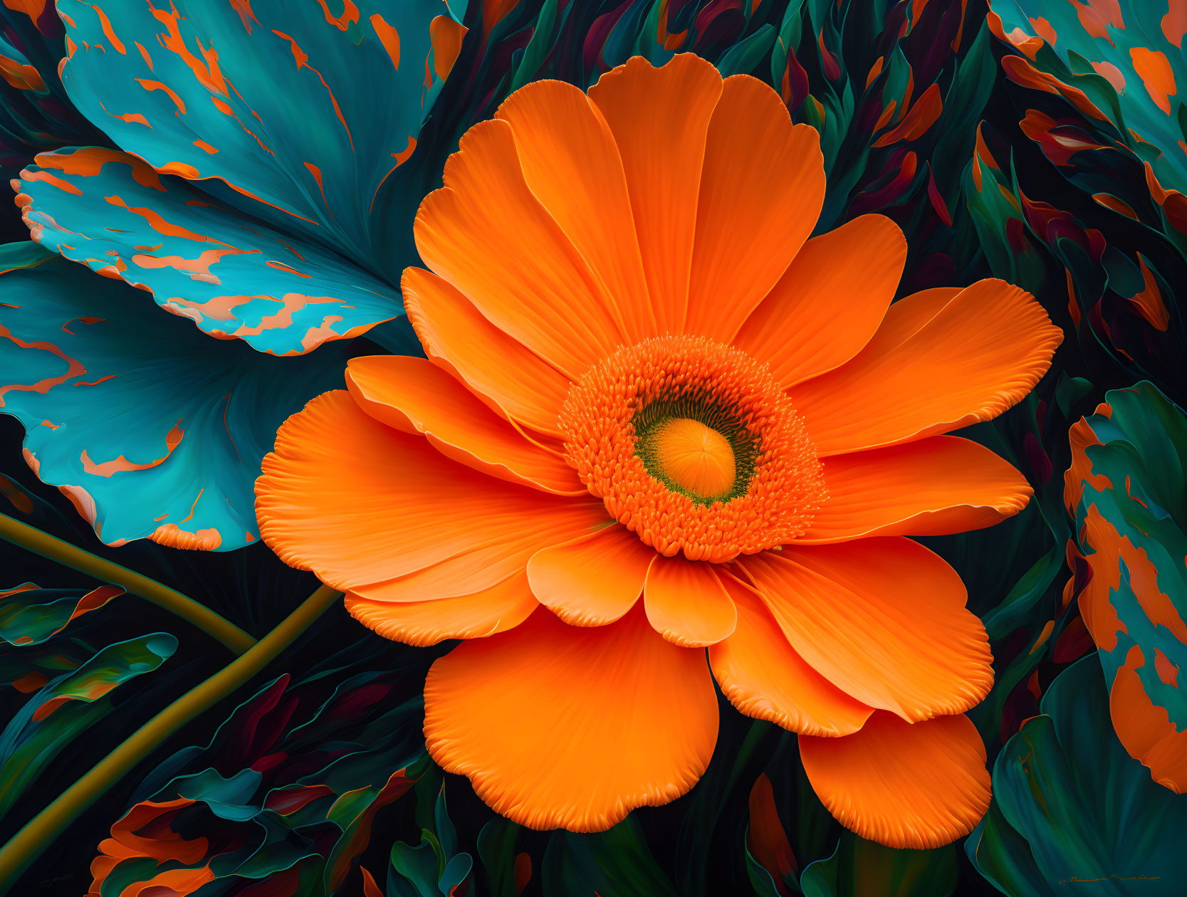 Colorful Digital Art: Orange Flower on Blue and Orange Abstract Background