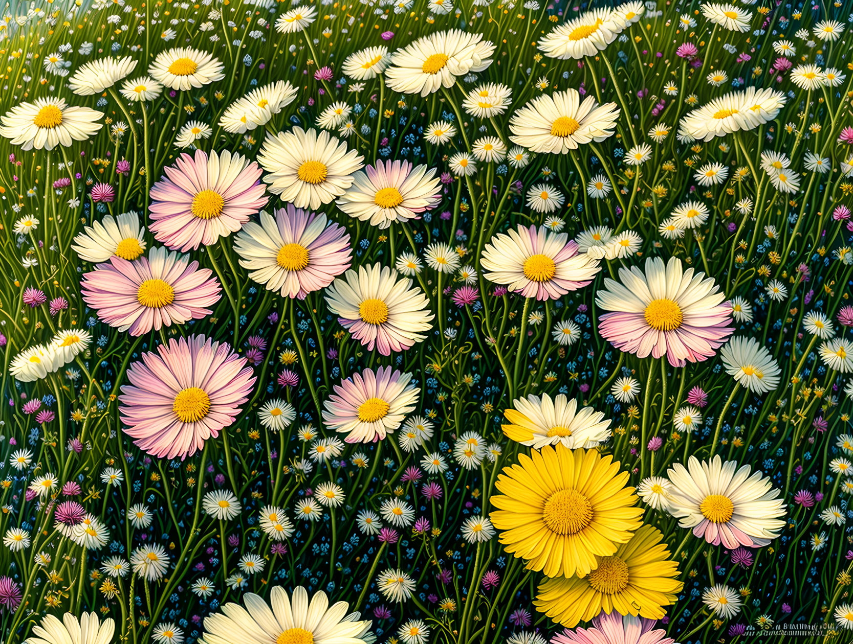 Colorful Daisy Field with Pink, White, and Yellow Petals