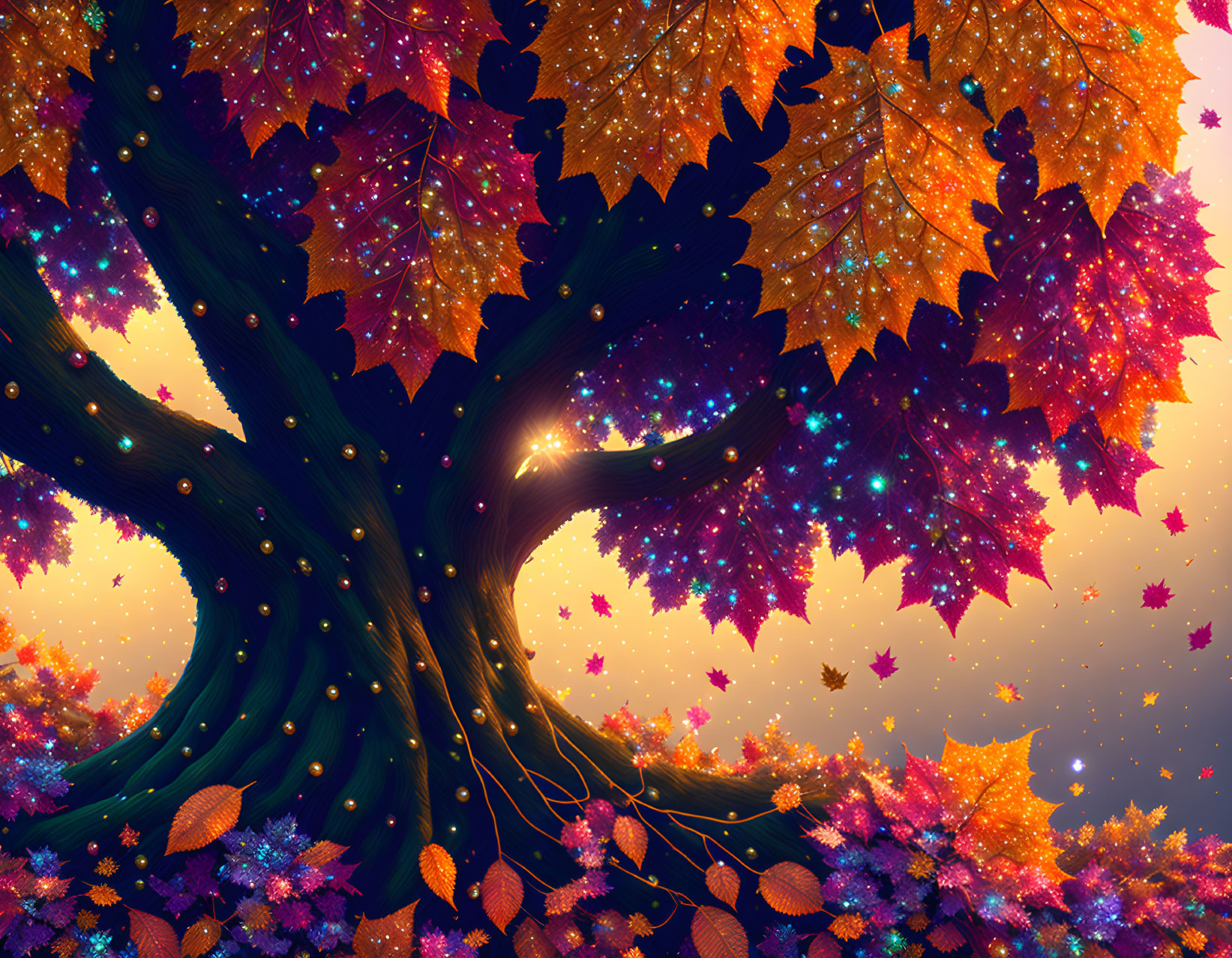 Vibrant golden tree under twilight sky: whimsical autumn scene