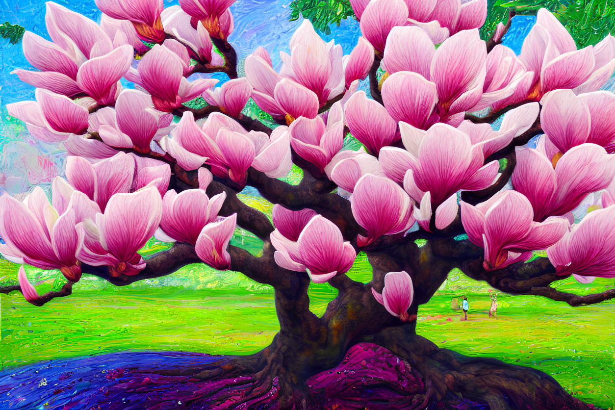 Colorful painting of large magnolia tree with pink blossoms under blue sky.