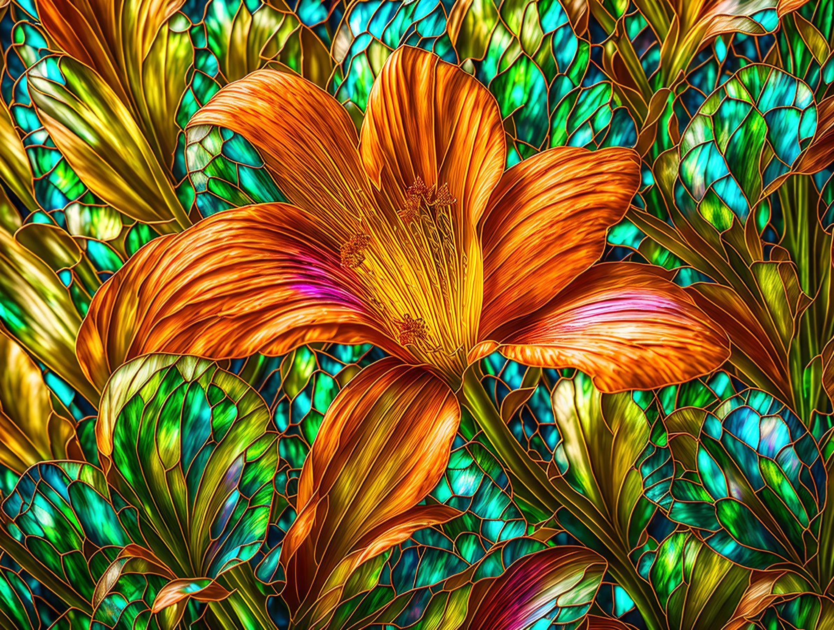 Colorful digital art: Orange lily with stained-glass effect and green leaf mosaic