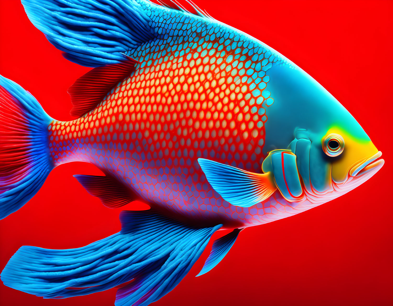 Colorful Tropical Fish with Blue Scales and Orange Dots on Red Background