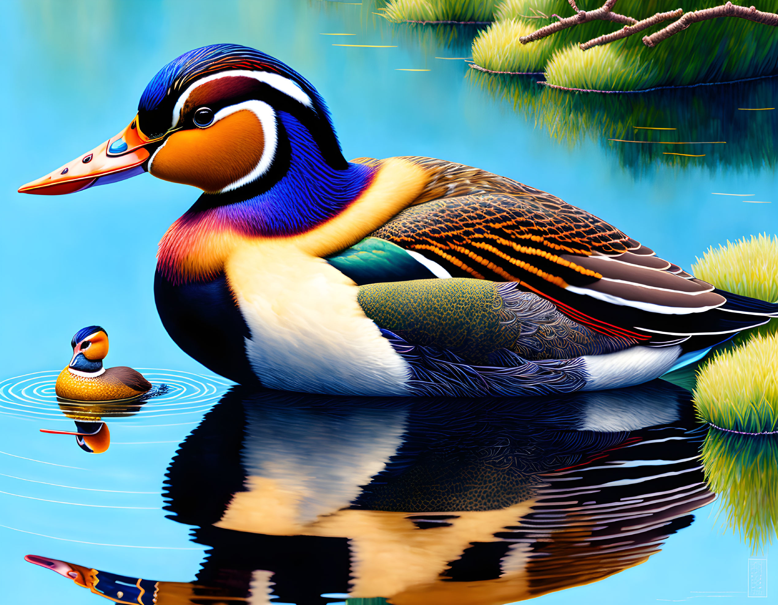 Colorful Male Mandarin Duck Reflecting on Blue Water Surface