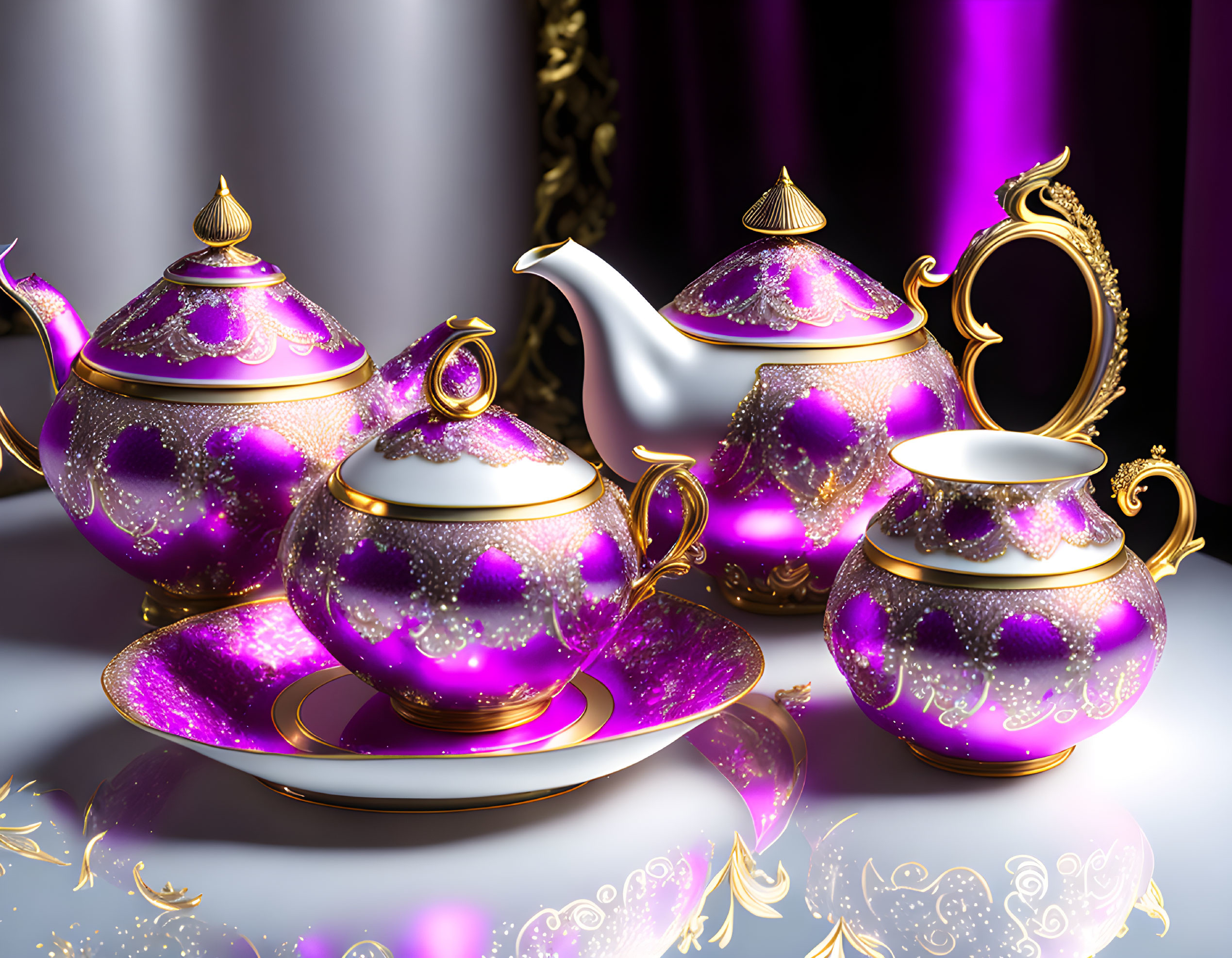 Porcelain tea set: purple and gold design on draped backdrop