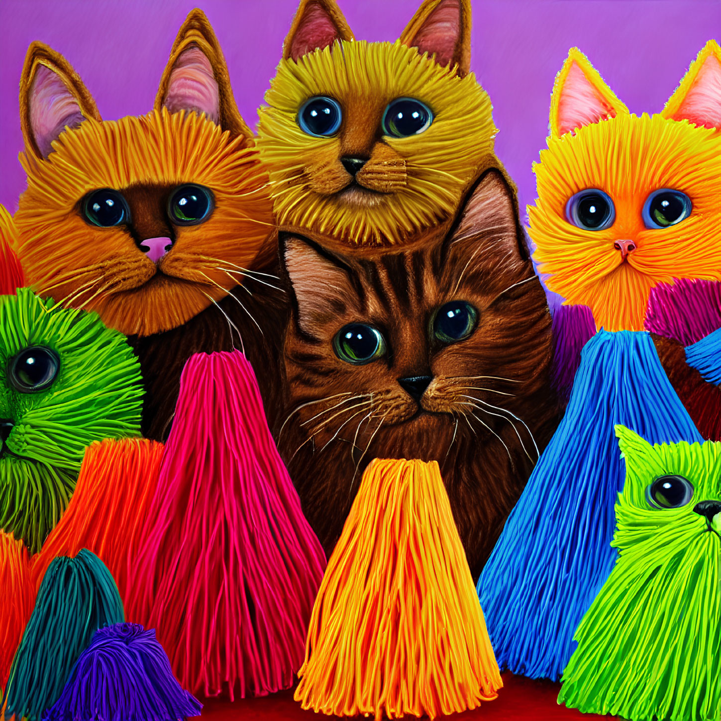 Vibrant Illustration of Five Cats in Colorful Textured Coverings