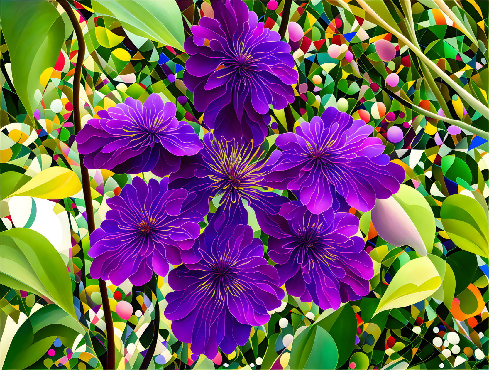 Digital Art: Five Deep Purple Flowers with Yellow Stamens