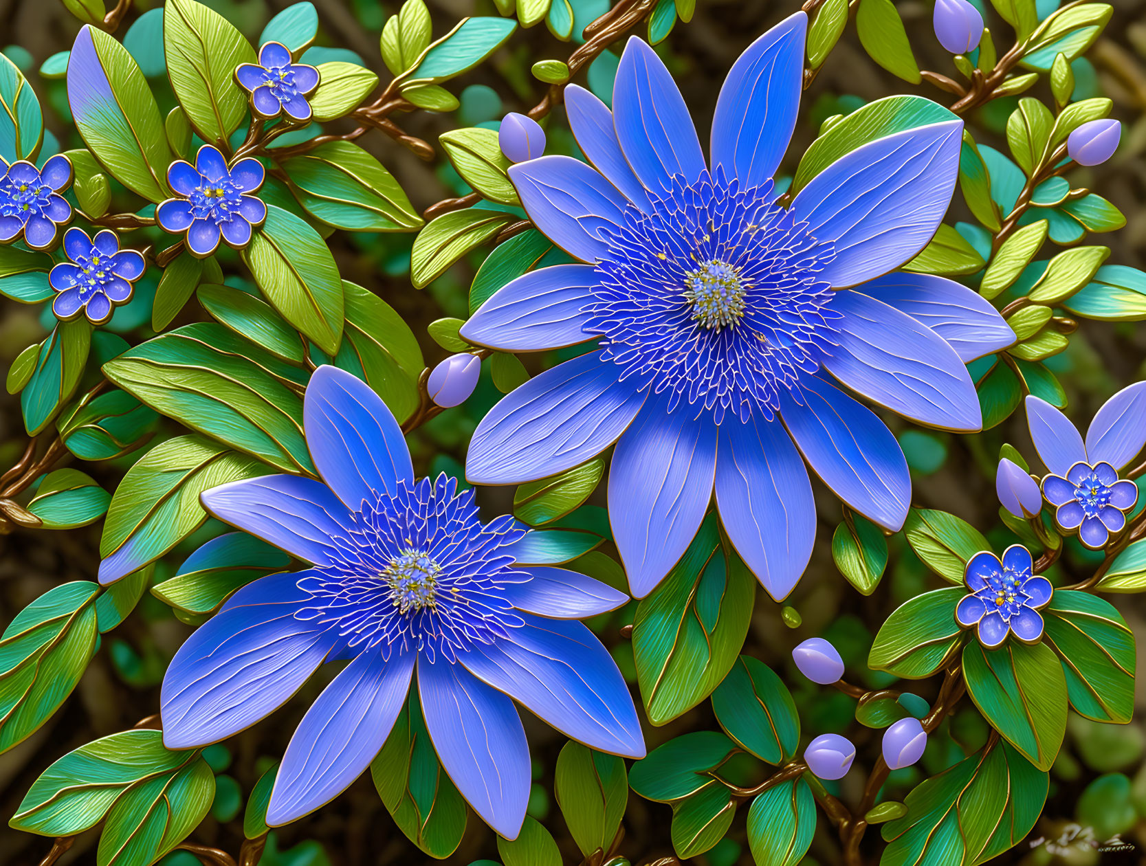 Detailed Digital Art of Vibrant Blue Flowers and Green Leaves