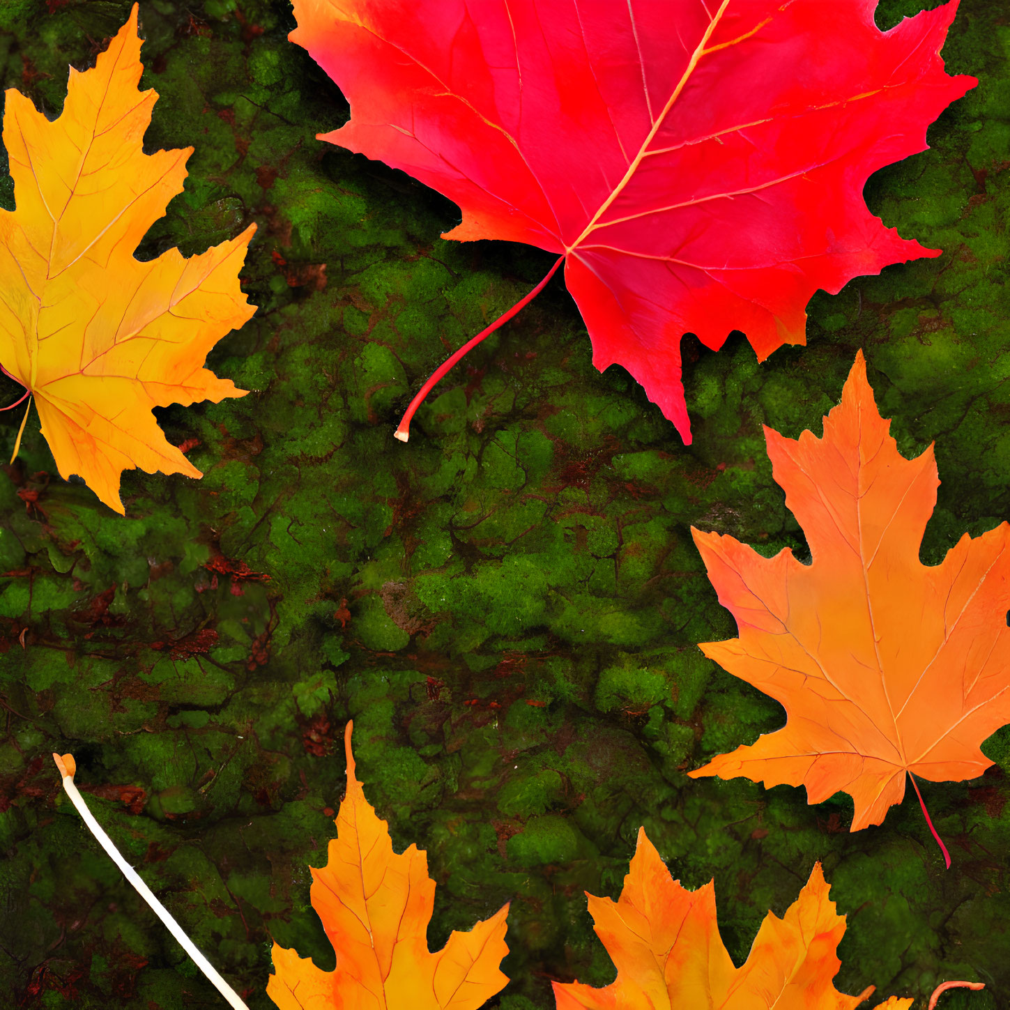 Colorful autumn leaves on mossy green background