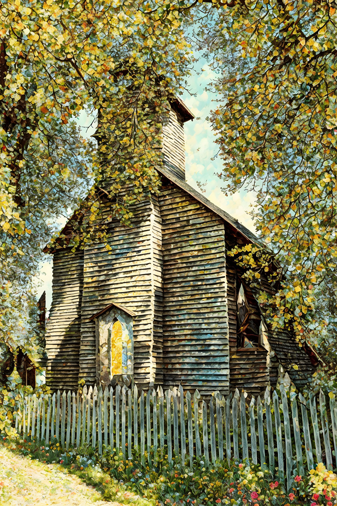 Rustic wooden church in autumn painting with vintage vibe