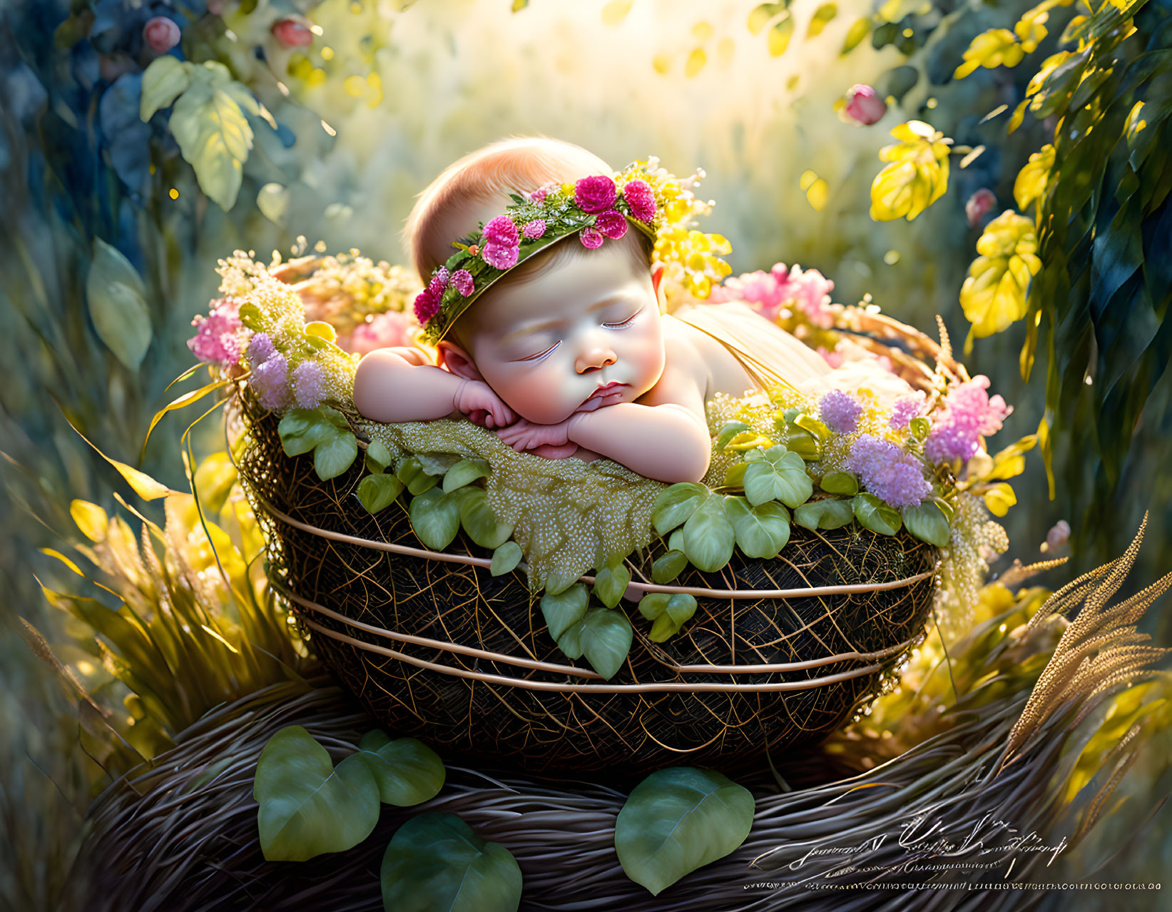 Newborn sleeping in basket with greenery and flowers