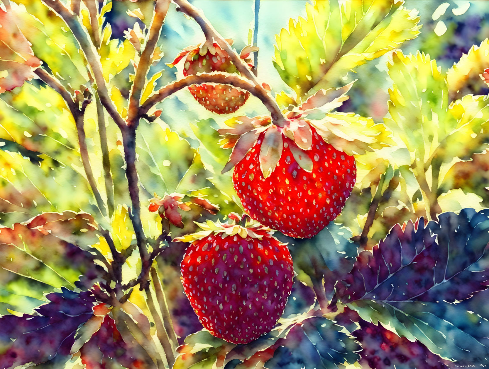 Colorful watercolor painting of ripe strawberries on plant with green and purple leaves.